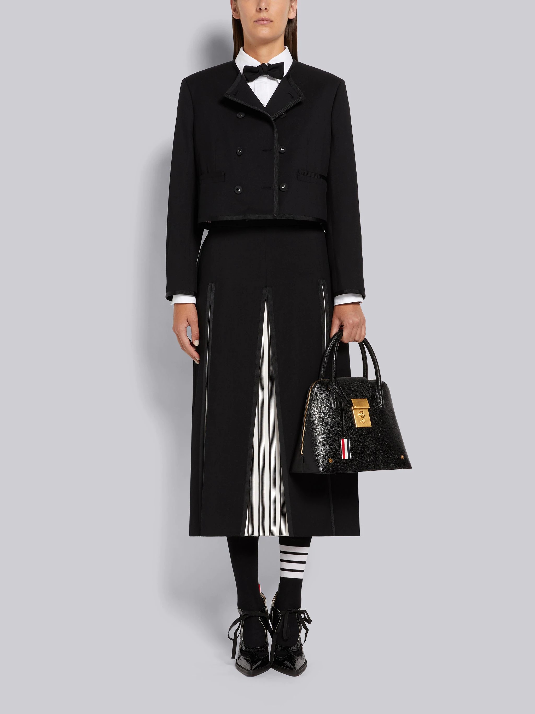 Black Wool Pique Suiting Silk Jacquard Internal Pleat A-line Below the Knee Skirt - 4