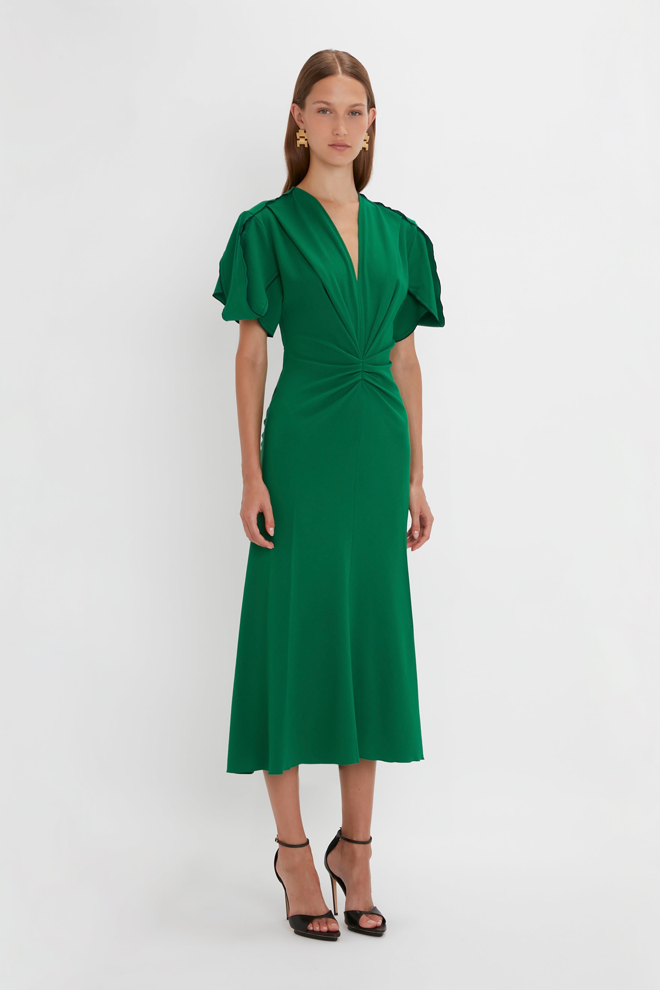 Gathered V-Neck Midi Dress in Emerald - 3