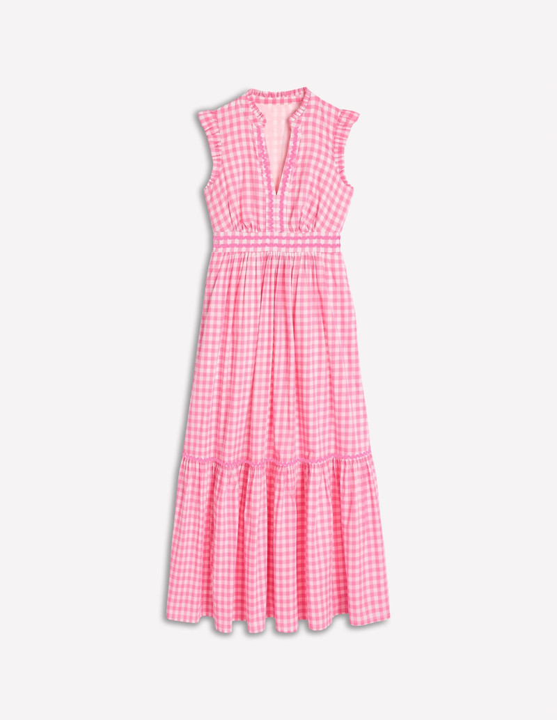 Wren Tiered Midi Dress-Salmon Pink Gingham 1