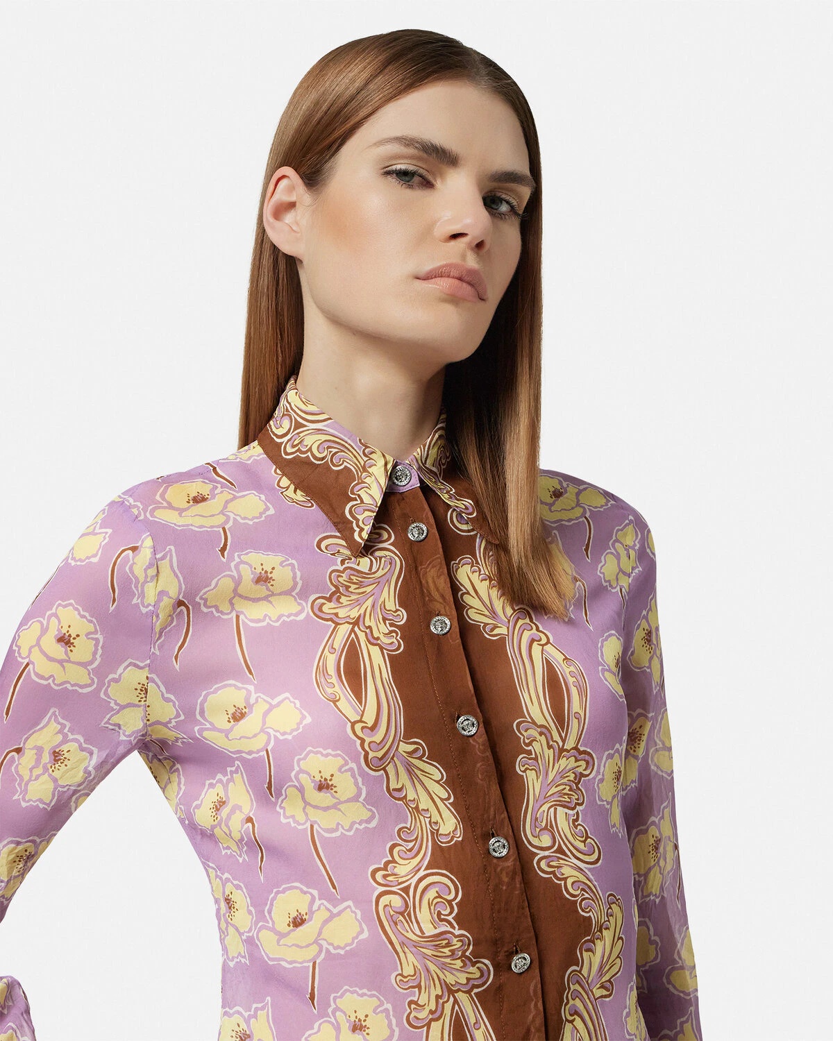 VERSACE Poppies Foulard Crêpe Fitted Shirt | REVERSIBLE