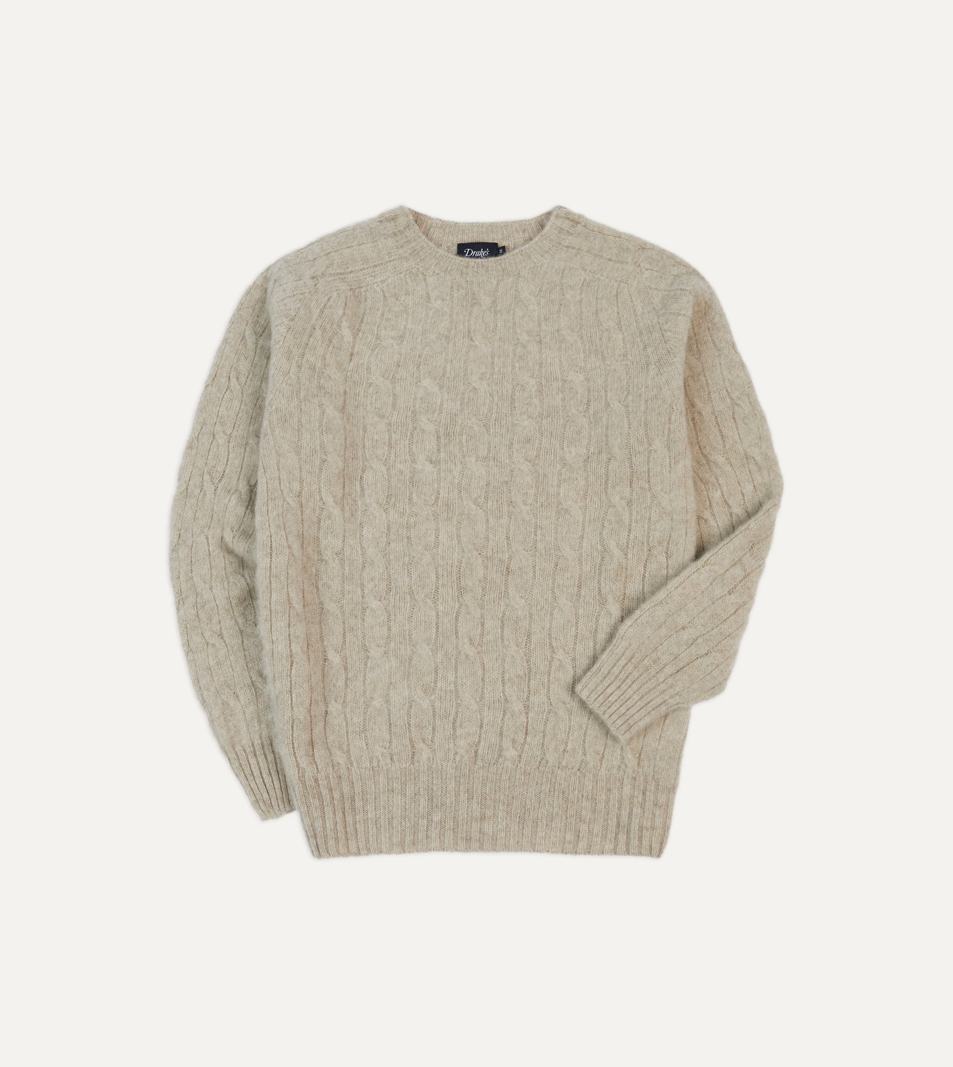 Putty Brushed Cable Knit Shetland Crew Neck Jumper - 1