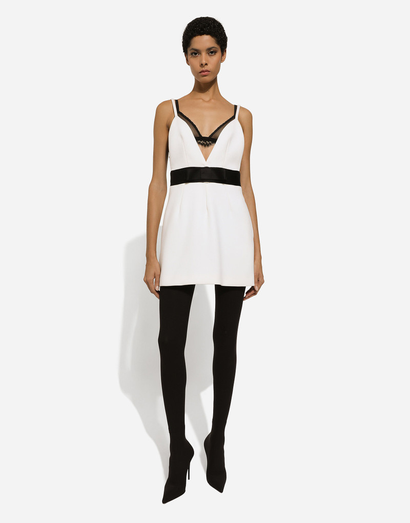Short woolen dress with satin belt and straps 3