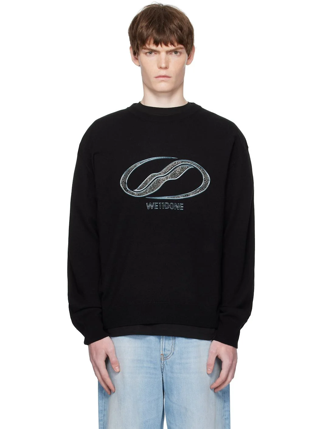 Black Logo Rhinestone Knit Pullover Sweater - 1