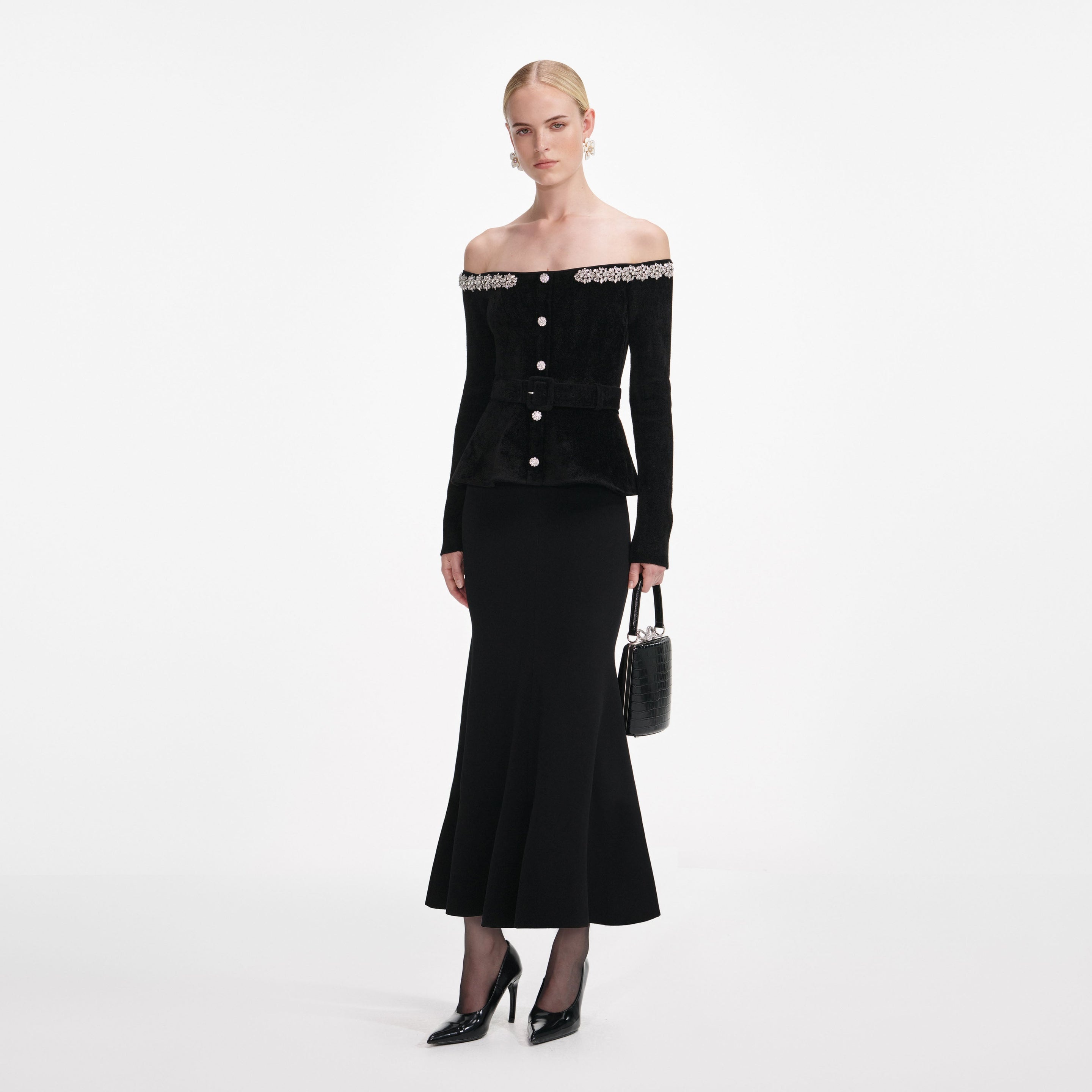Black Chenille Knit Crystal Trim Midi Dress - 2