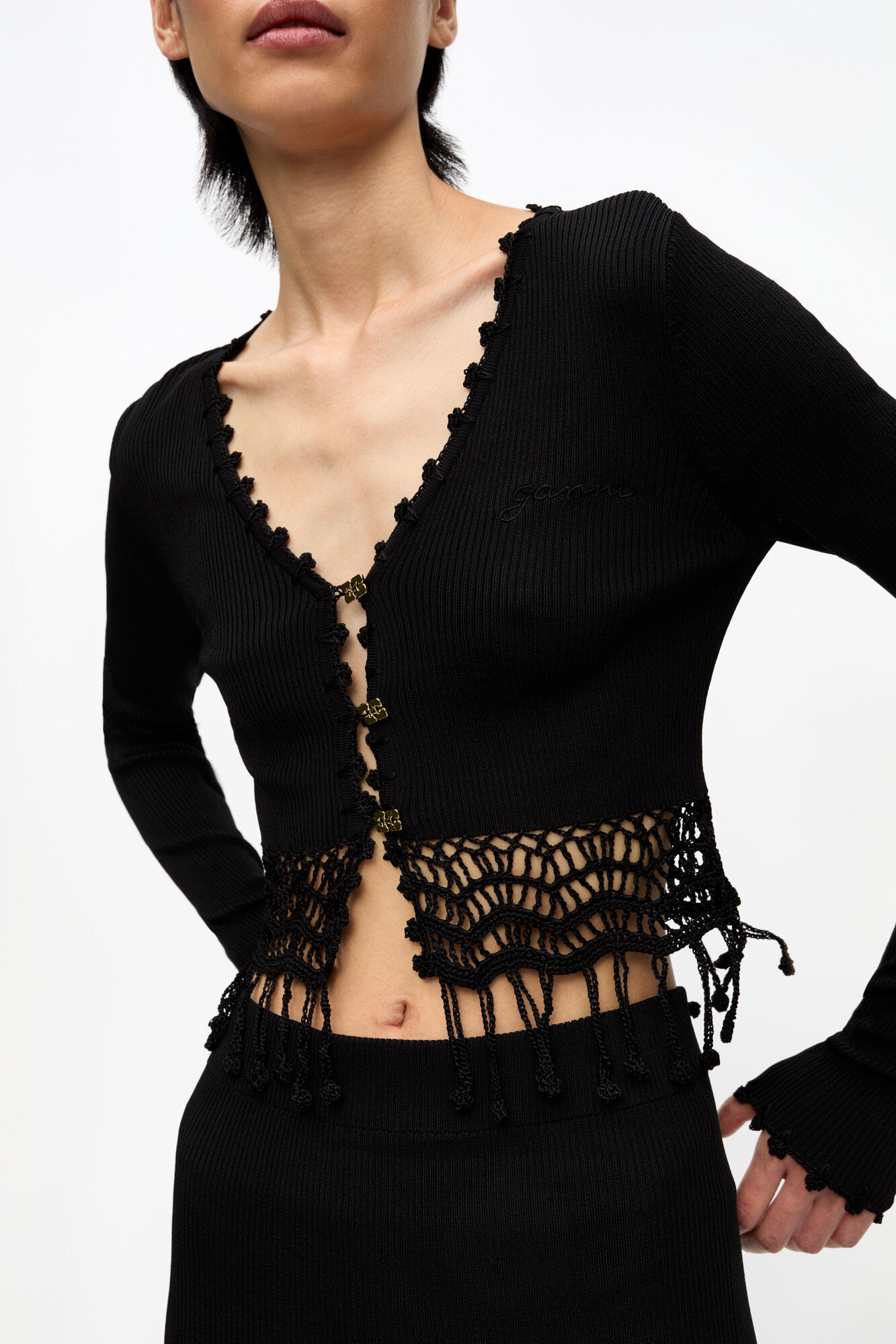 BLACK SHINY VISCOSE CROCHET CARDIGAN - 5