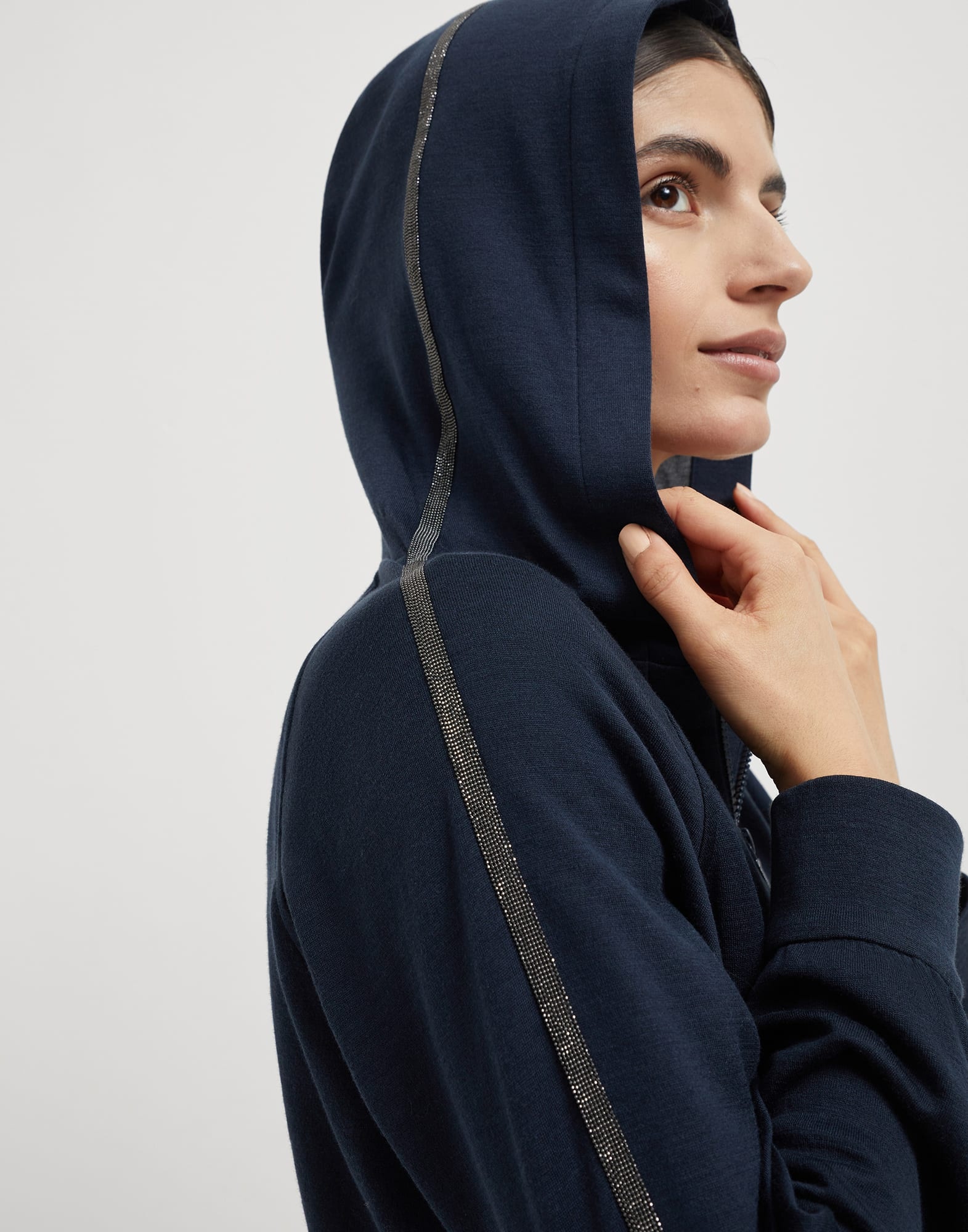 Cotton and silk interlock hooded sweatshirt with precious stripe - 3