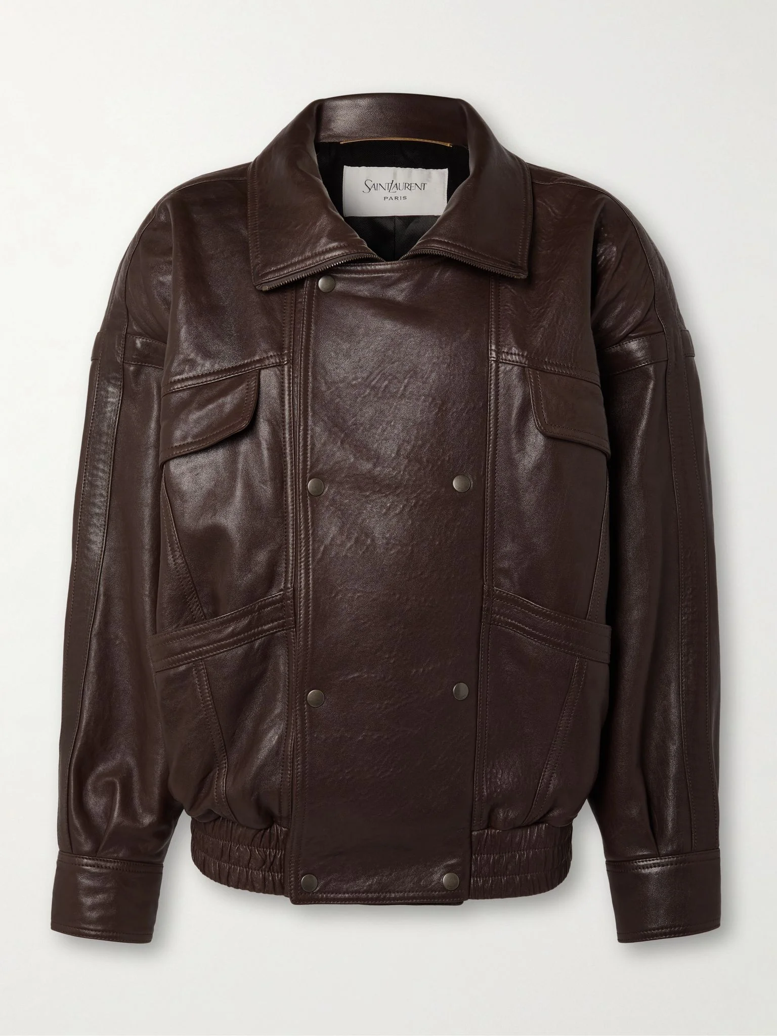 Oversized double-breasted paneled leather jacket Brown - 1