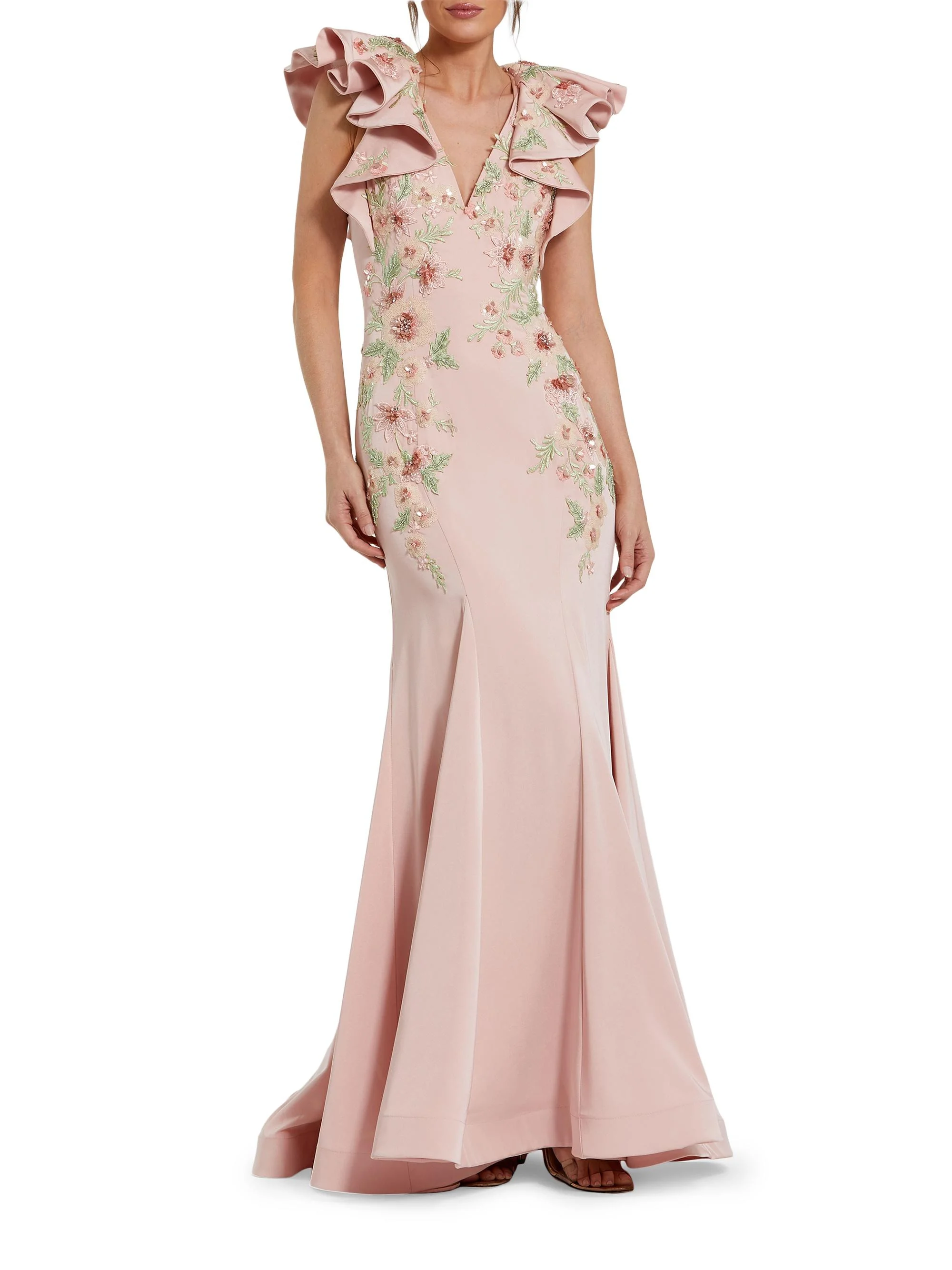 Women's Flutter-Sleeve Embellished Mermaid Gown - Blush - 1