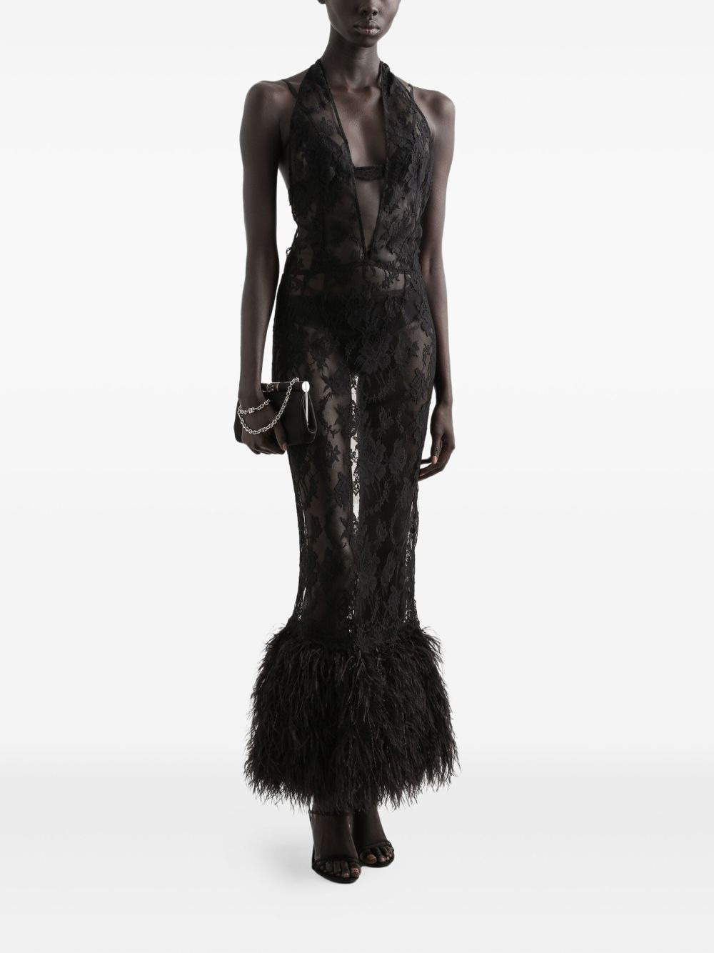 feather-trimmed lace dress - 2