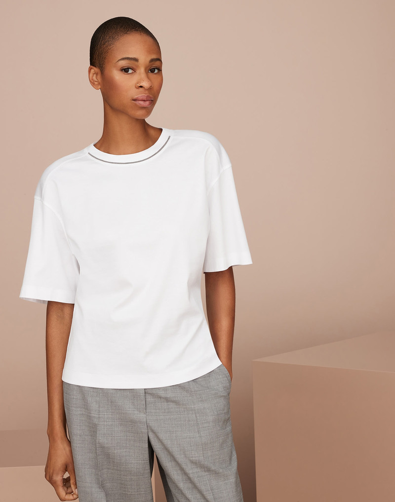 Cotton jersey T-shirt with padded shoulder and shiny neckline 1