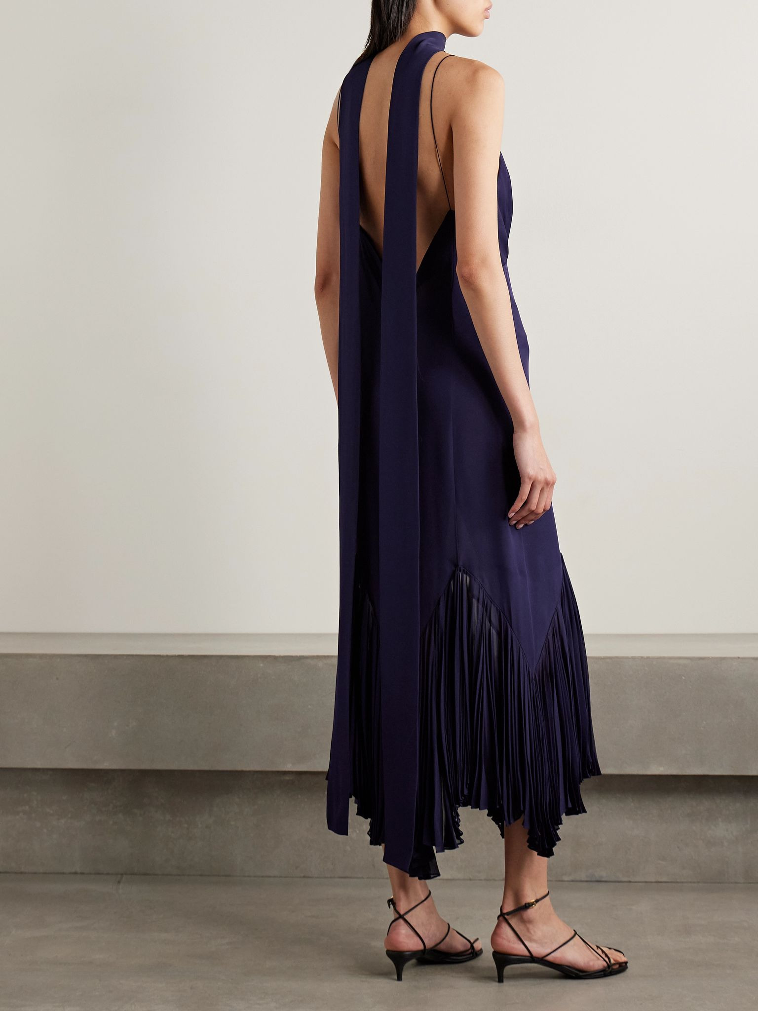 Candita scarf-detailed pleated silk-georgette maxi dress Navy - 3