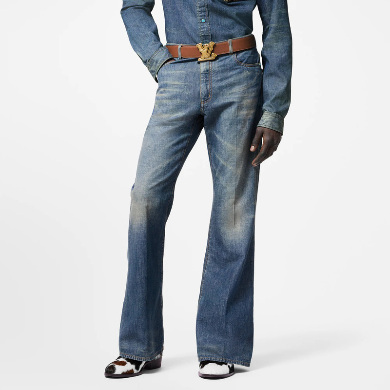 Embellished Flared Cotton Chambray Pants 2