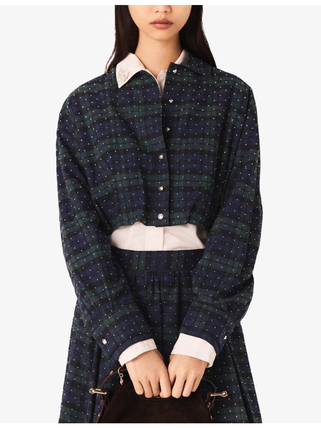 Rhinestone-Embellished Checked Cropped Cotton Shirt - 5