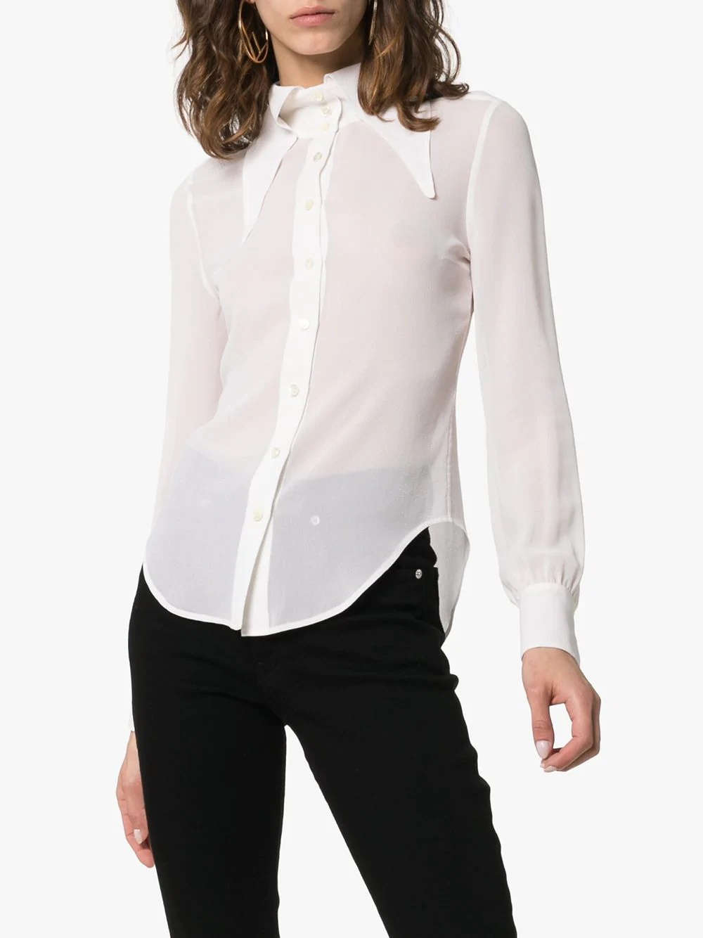 extended wing collar long-sleeved silk shirt - 3