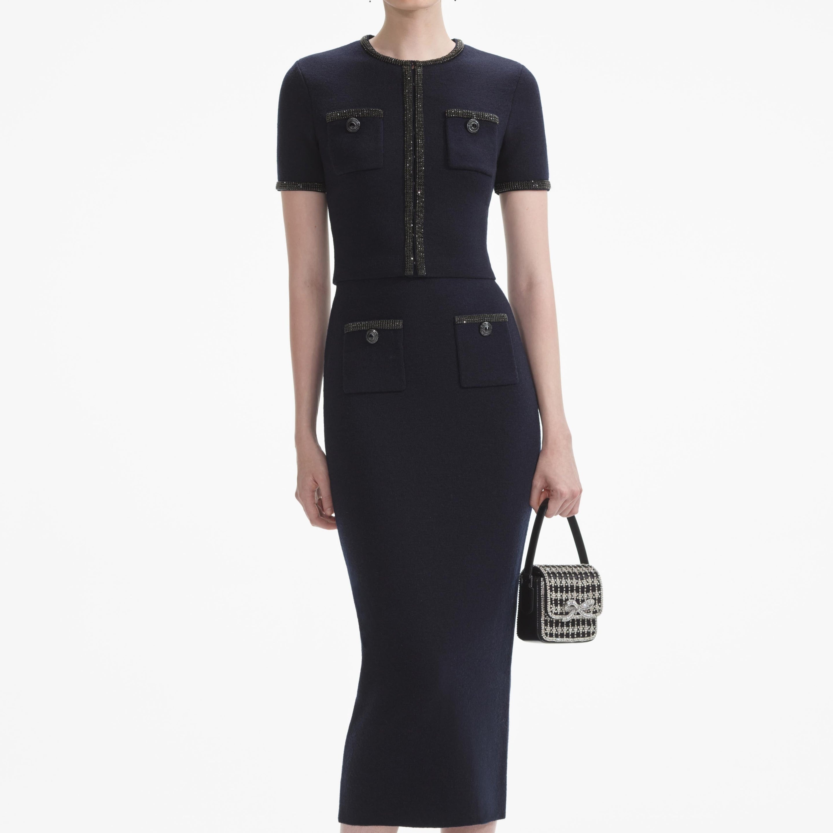 Navy Embellished Knit Midi Skirt - 4