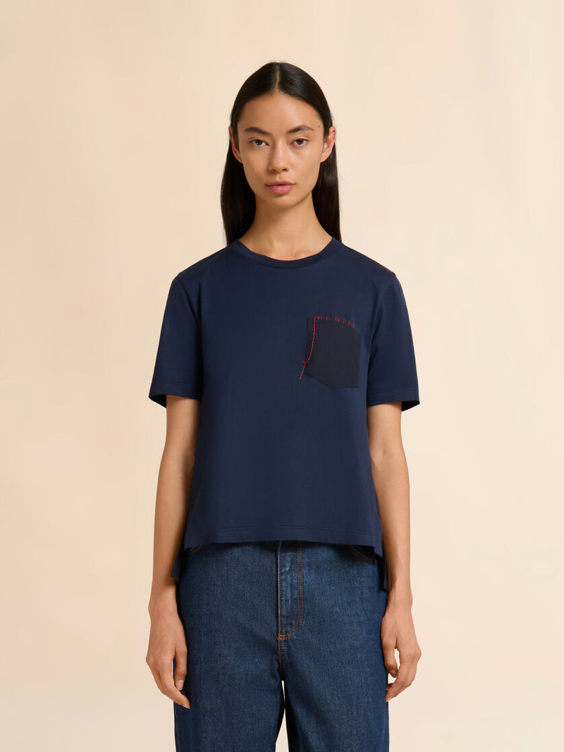 Marni DEEP BLUE COTTON T-SHIRT WITH HANDSTITCHED MARNI LOGO outlook