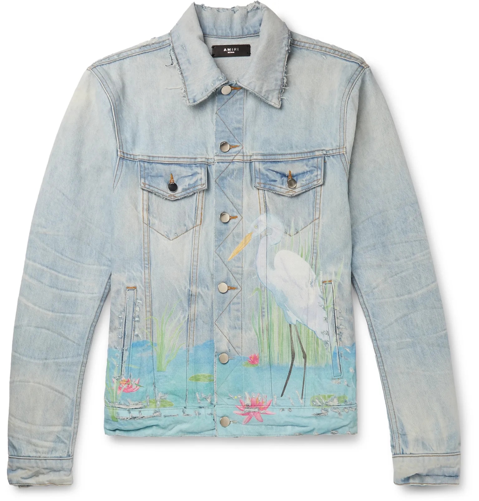 Distressed Printed Denim Trucker Jacket - 1