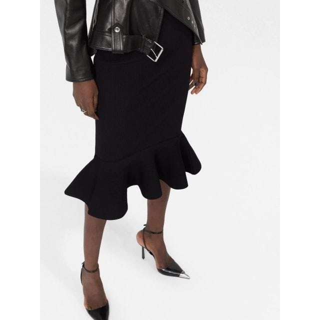 Black midi knit skirt with flared flounce hemline - 3