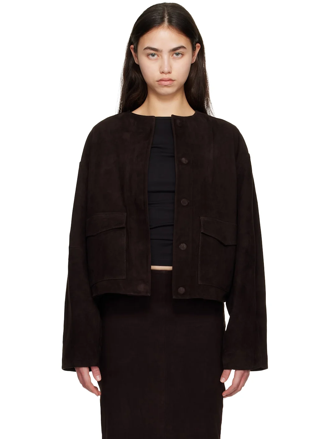 Brown Suede Utility Cocoon Bomber Jacket - 1