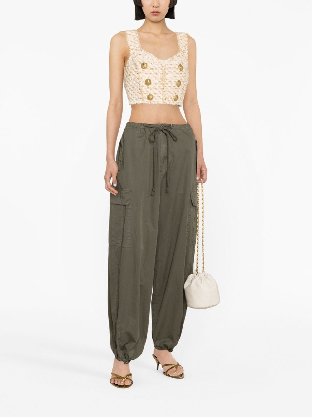 button-embellished tweed cropped top - 2