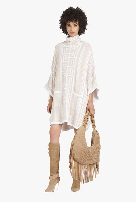 Sand-colored and white knit poncho with Balmain monogram - 2