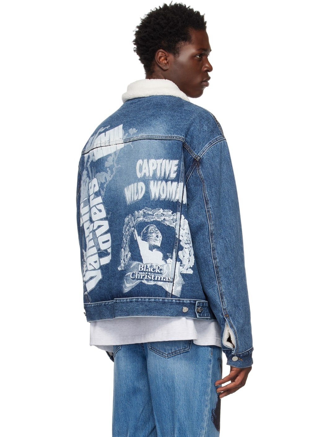 Navy Oversized Faux-Shearling Denim Jacket - 3
