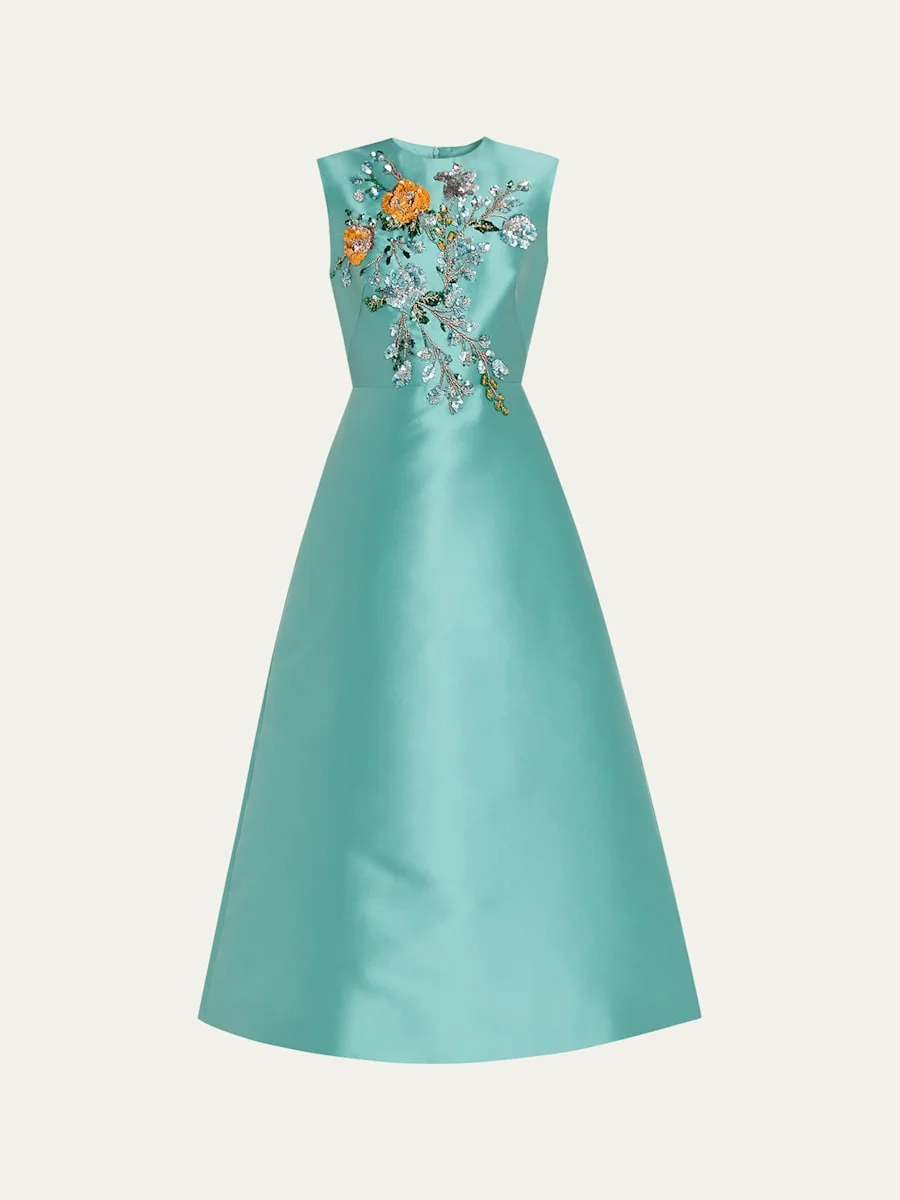 Embroidered Mikado Silk Sleeveless Midi Dress - 1