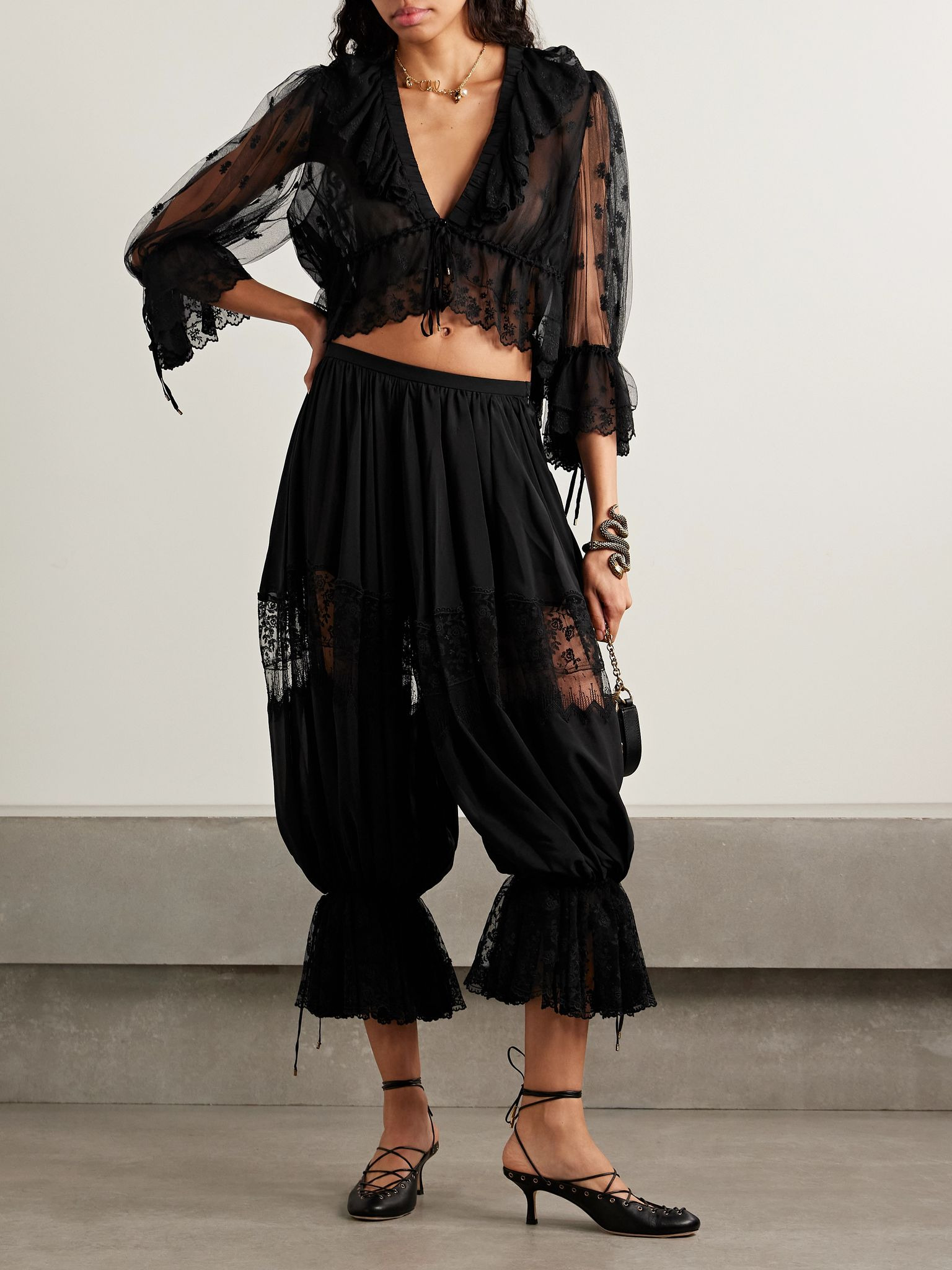 Lace-trimmed silk pants Black - 2