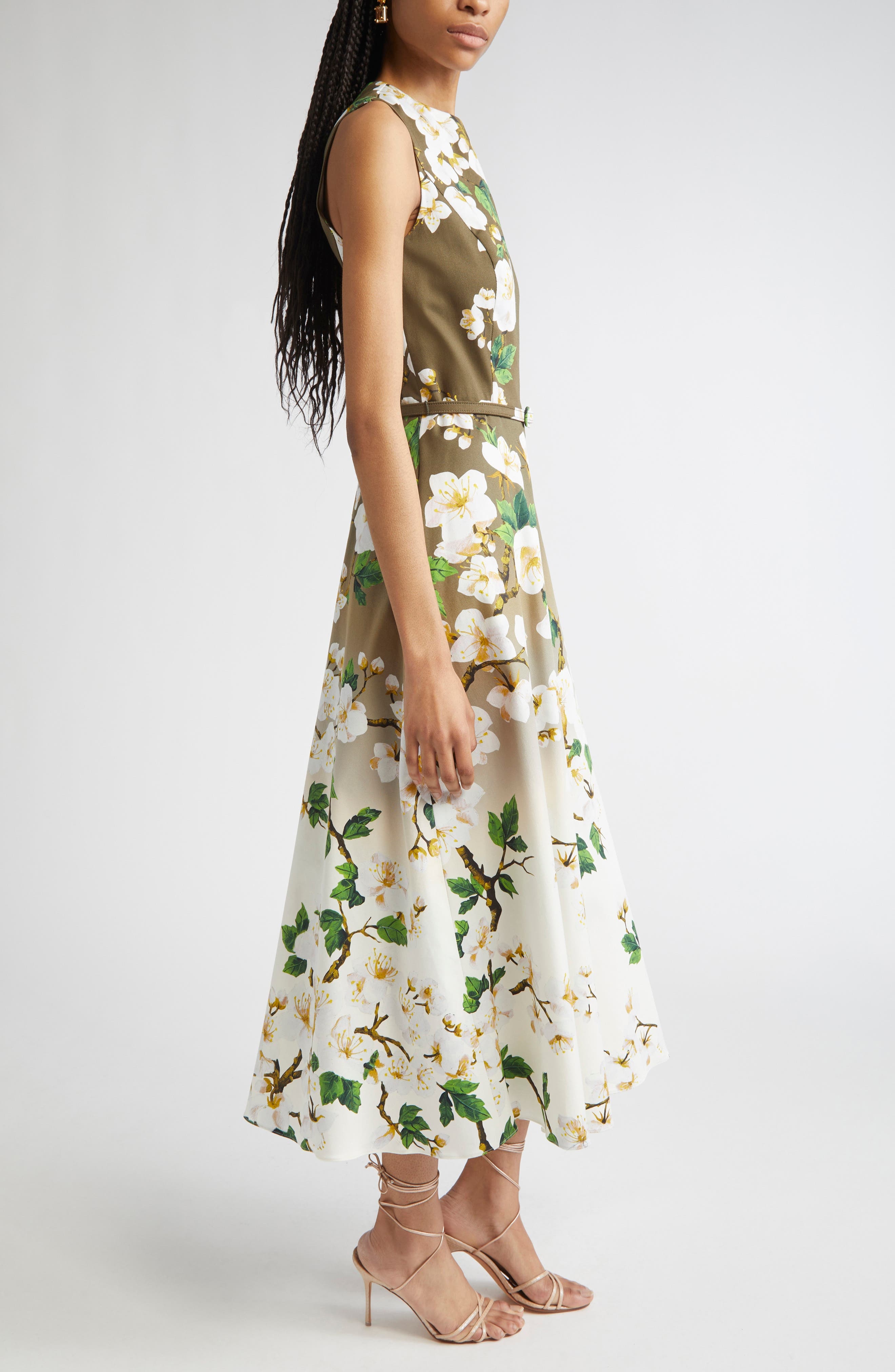 Oscar de la Renta Ombré Cherry Blossom Belted Poplin Midi Dress in White Khaki Ombre at Nordstrom - 3
