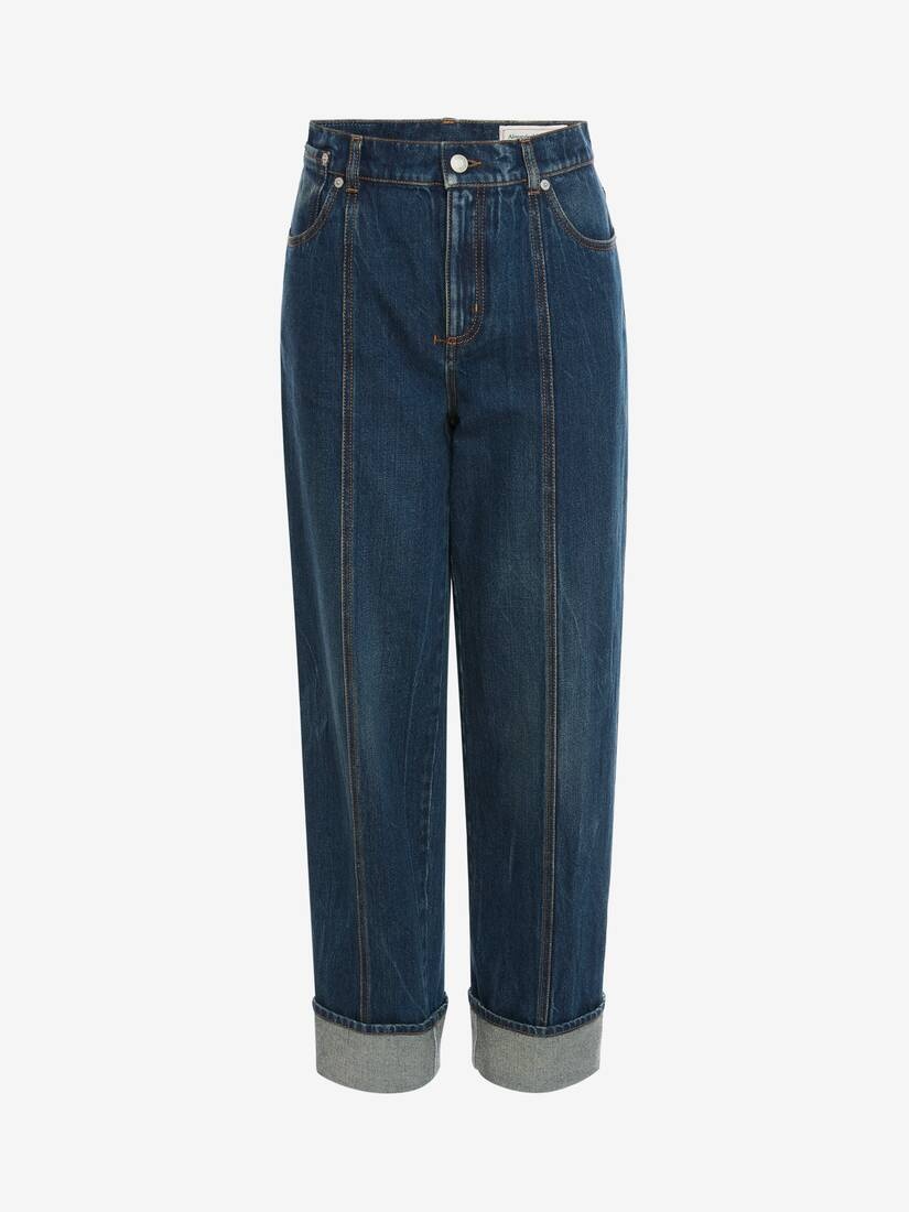 Wide Leg Denim Trouser in Dark Blue Wash - 1