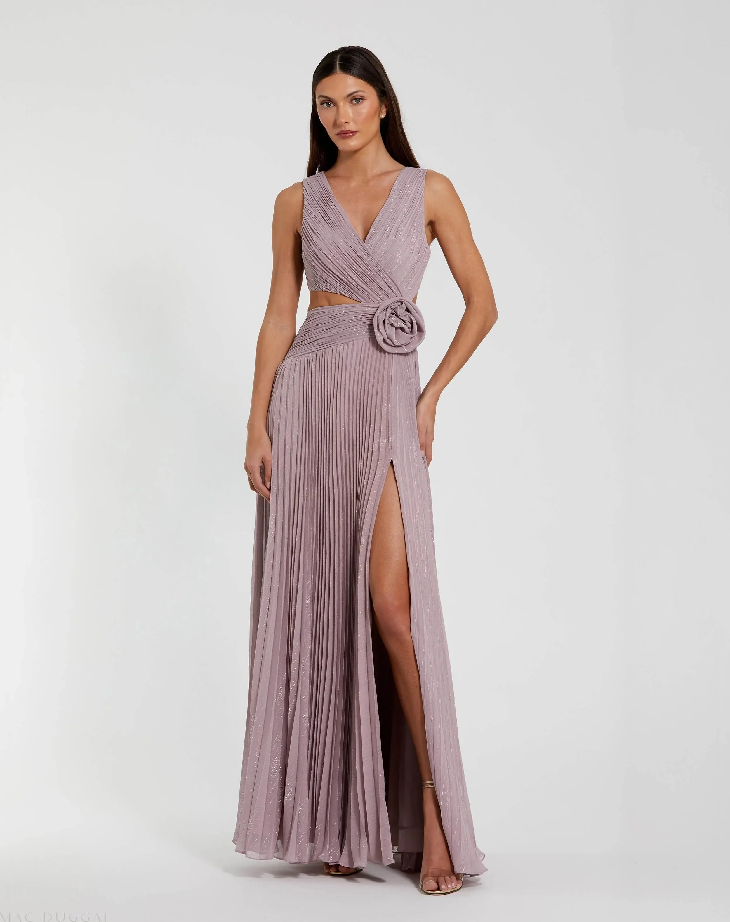 Purple Ruched Chiffon Sleeveless Gown With 3D Flower - 1