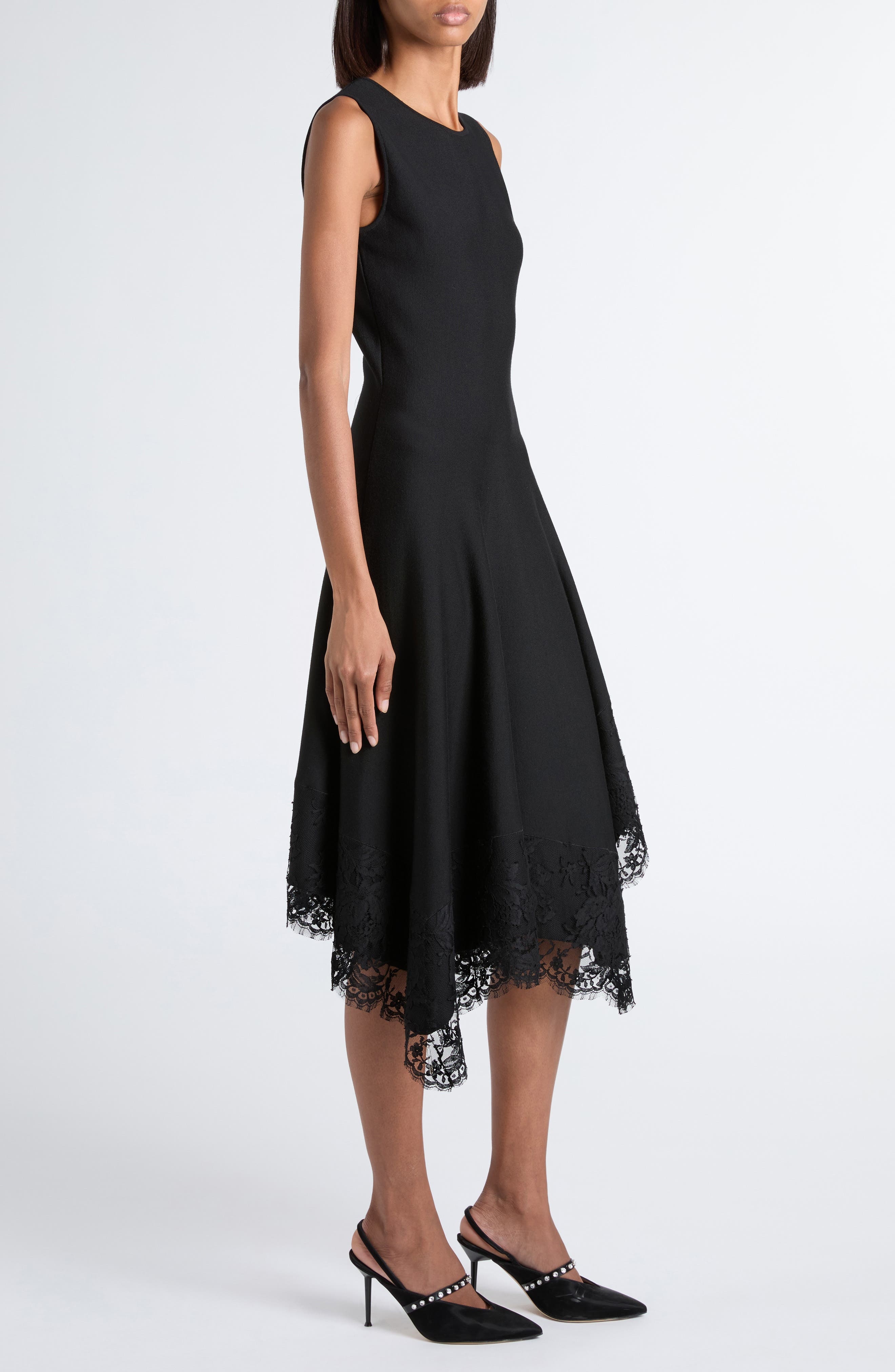 McQueen Lace Detail Asymmetric Dress in Black/Black at Nordstrom - 3