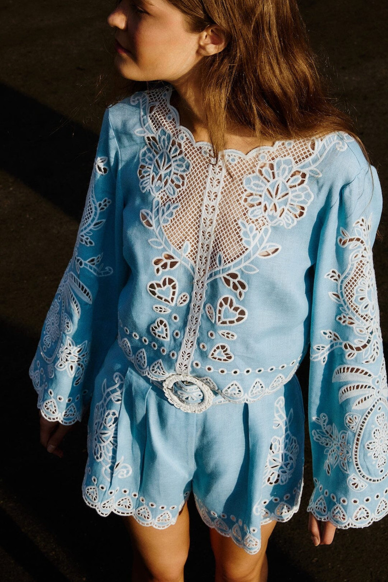 FARM RIO Light Blue Romantic Richelieu Euroflax Premium Linen Blouse outlook