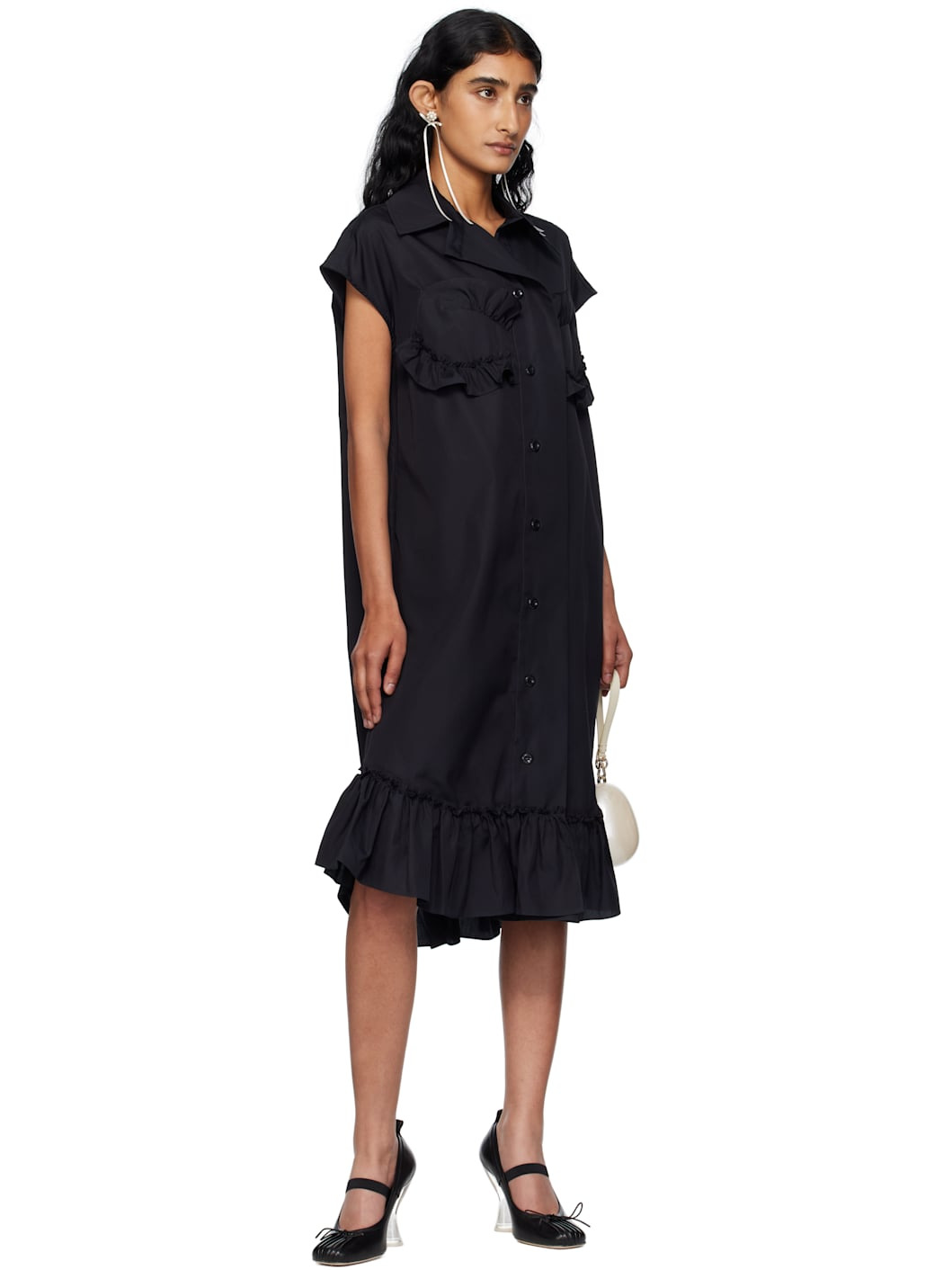 Black Sleeveless Ruffle Bust Detail Midi Dress - 4