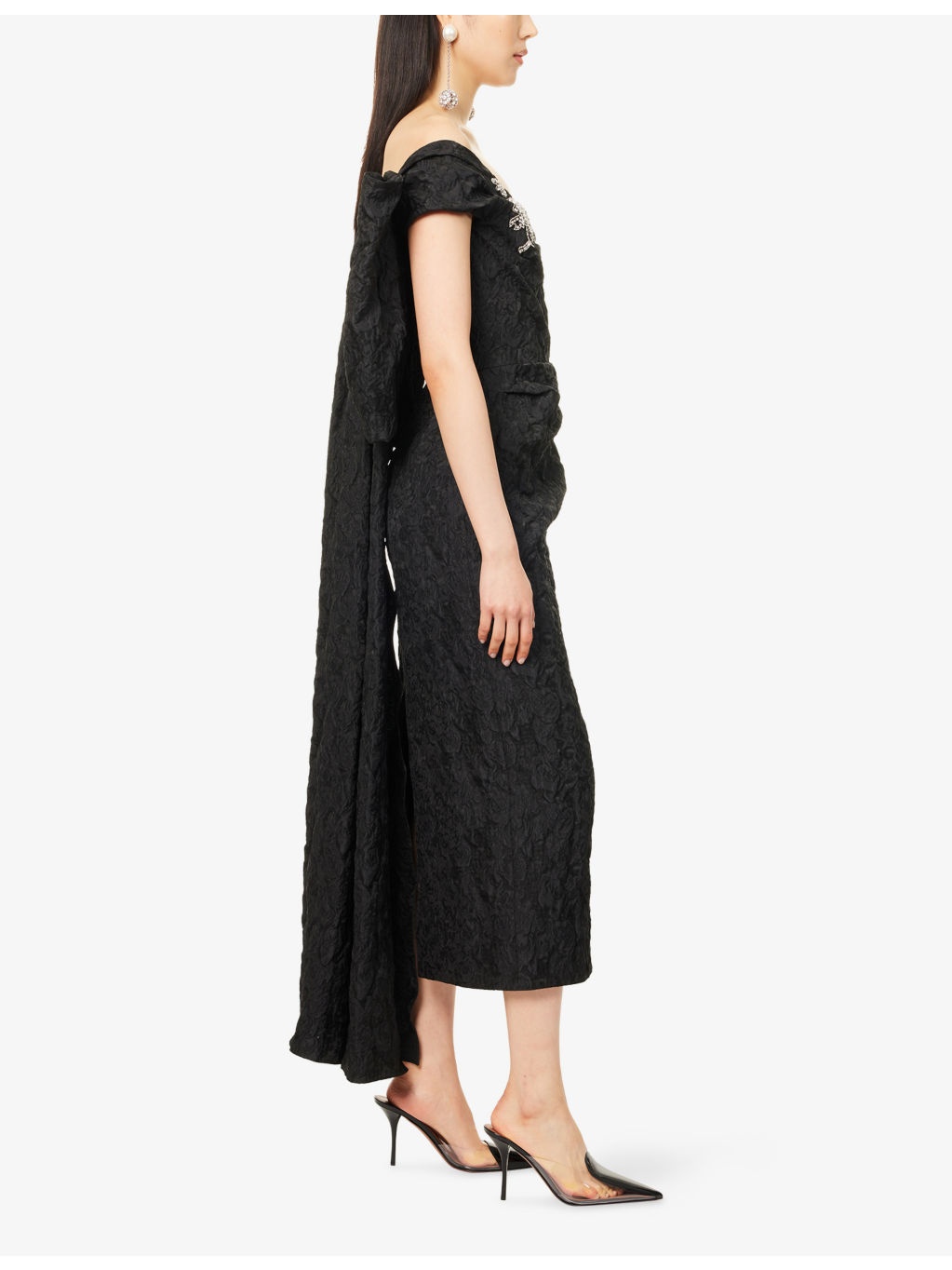 Off-Shoulder Embellished Woven Midi Dress - 3