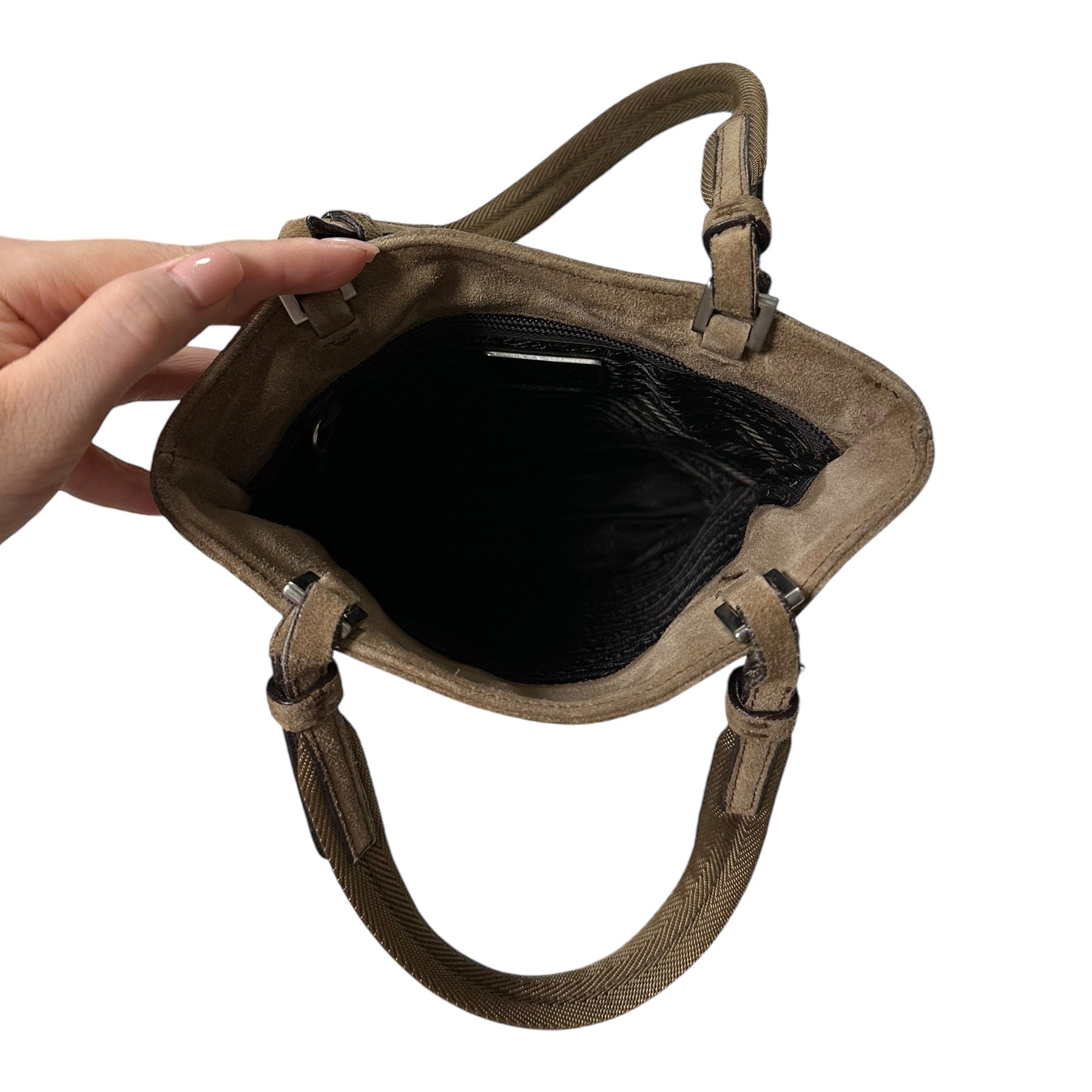 PRADA Fall Winter 1999 Appliqué Leaves Suede and Mesh Hand Bag - 7