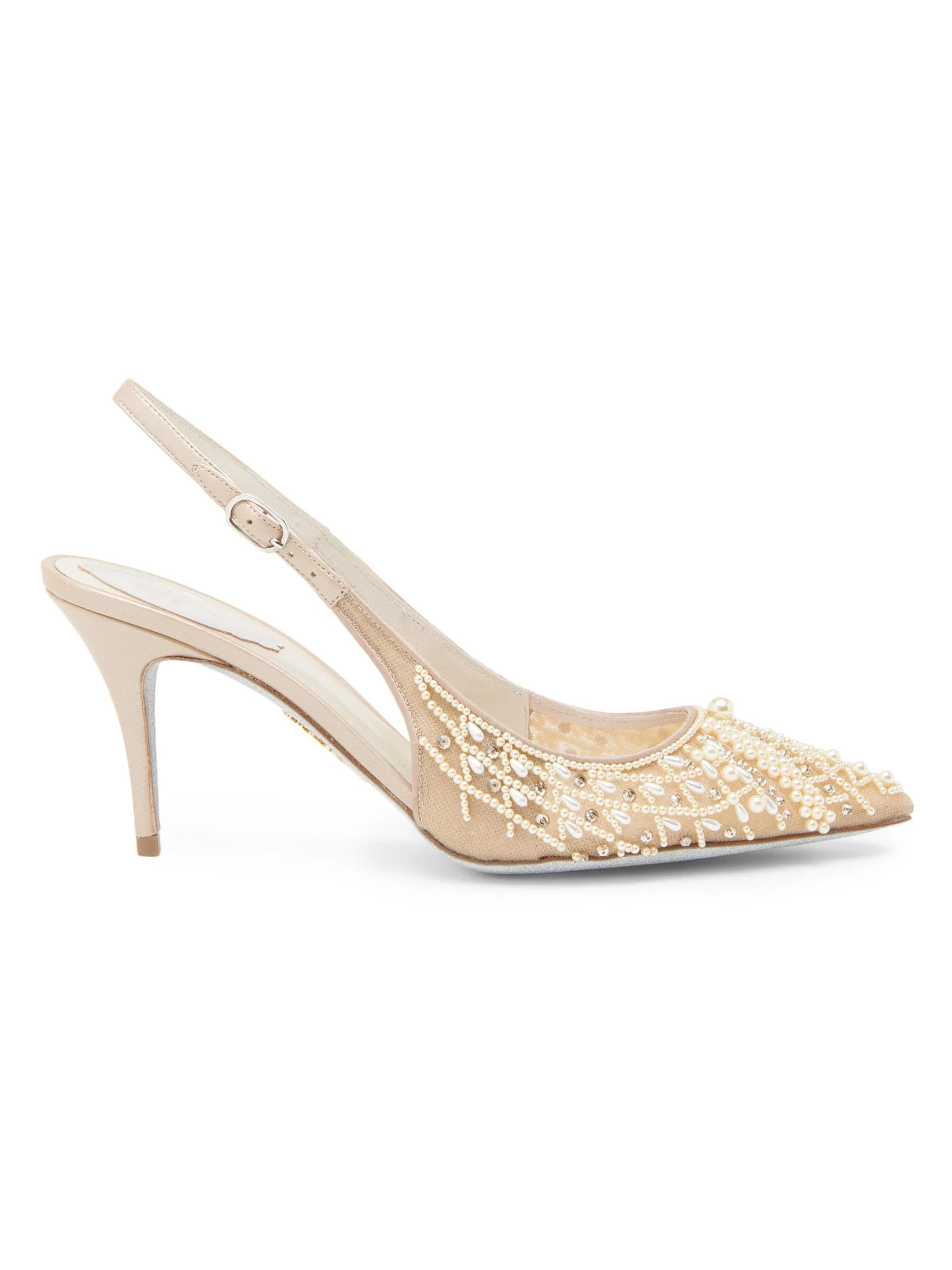 Women's 80MM Embellished Pumps - Beige Net Tulle Pearls - 1