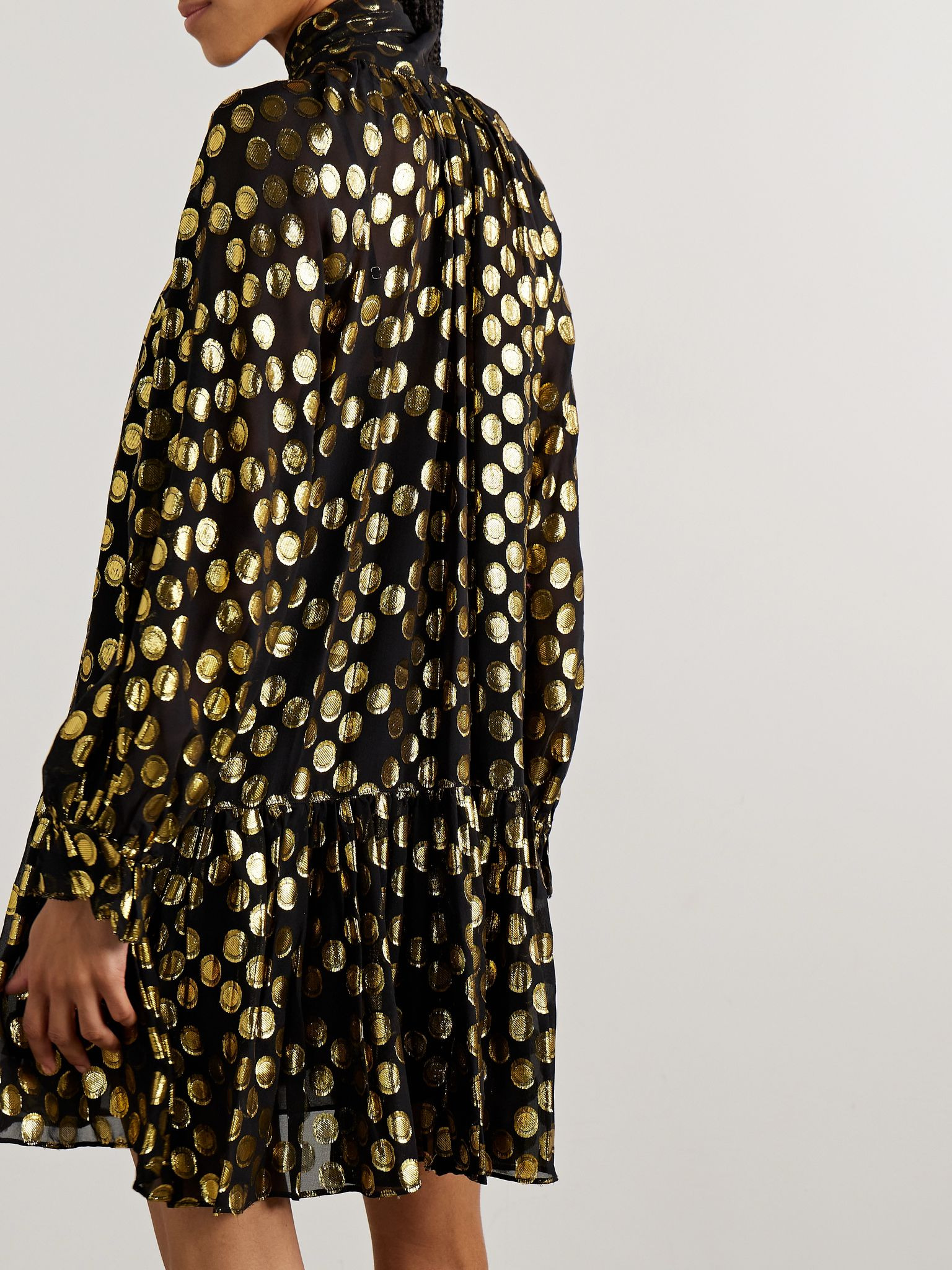 Loretta tie-detailed metallic fil coupé silk-blend crepe de chine mini dress Black - 3