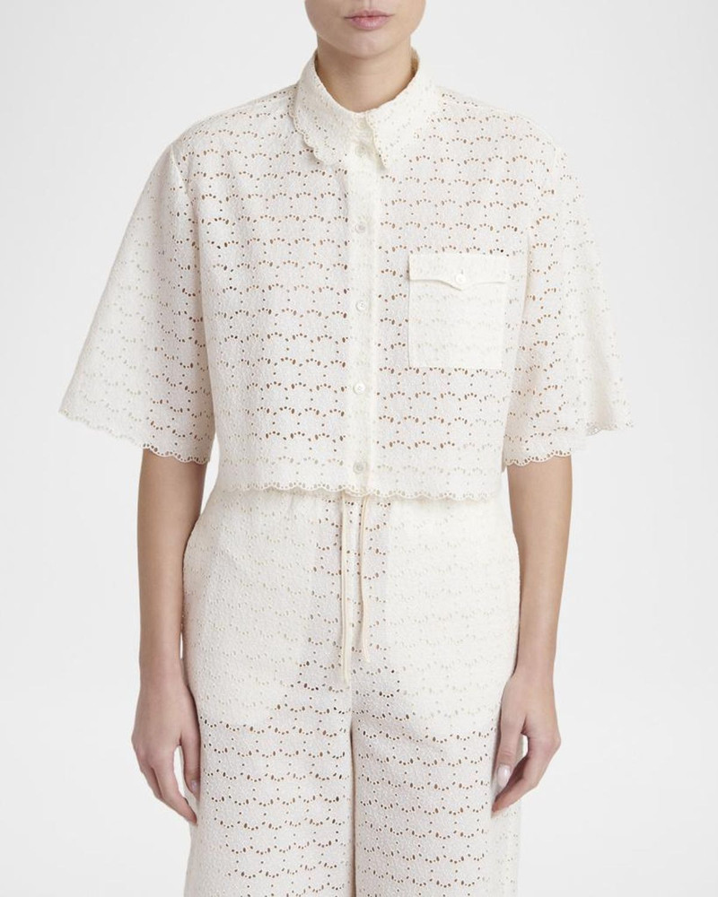 Short-Sleeve Eyelet Cotton Crop Button-Down Shirt 4
