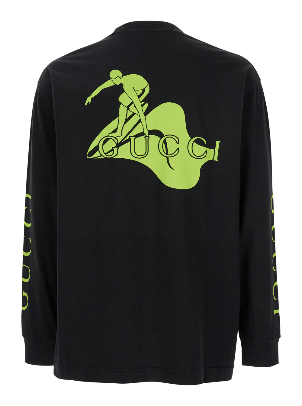 Gucci Men Black Crewneck T-Shirt With All-Over Prints And Maxi Logo Lettering On The Sleeves In Cott - 2