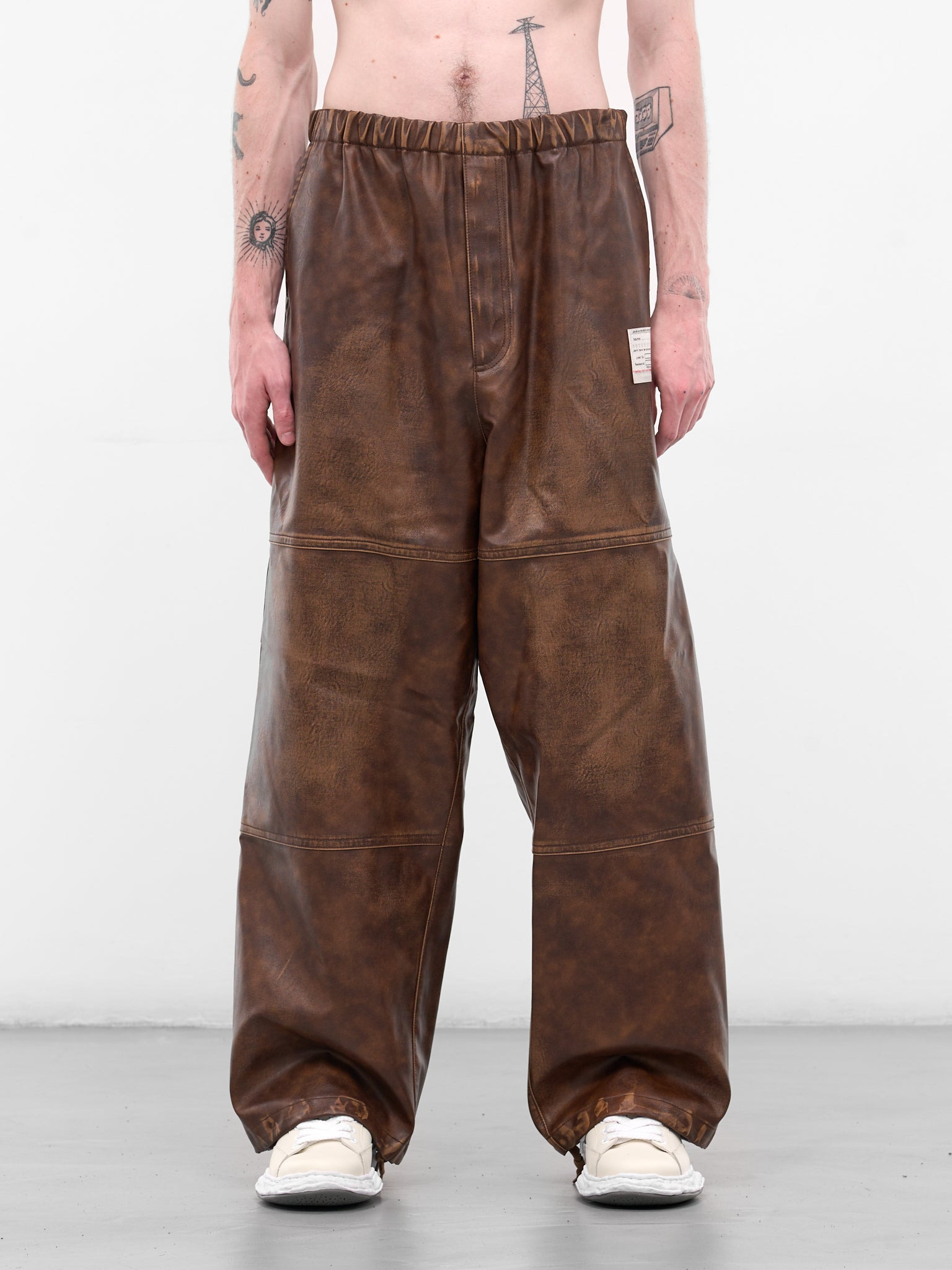 Brown Leather Elastic Waist Pants - 1