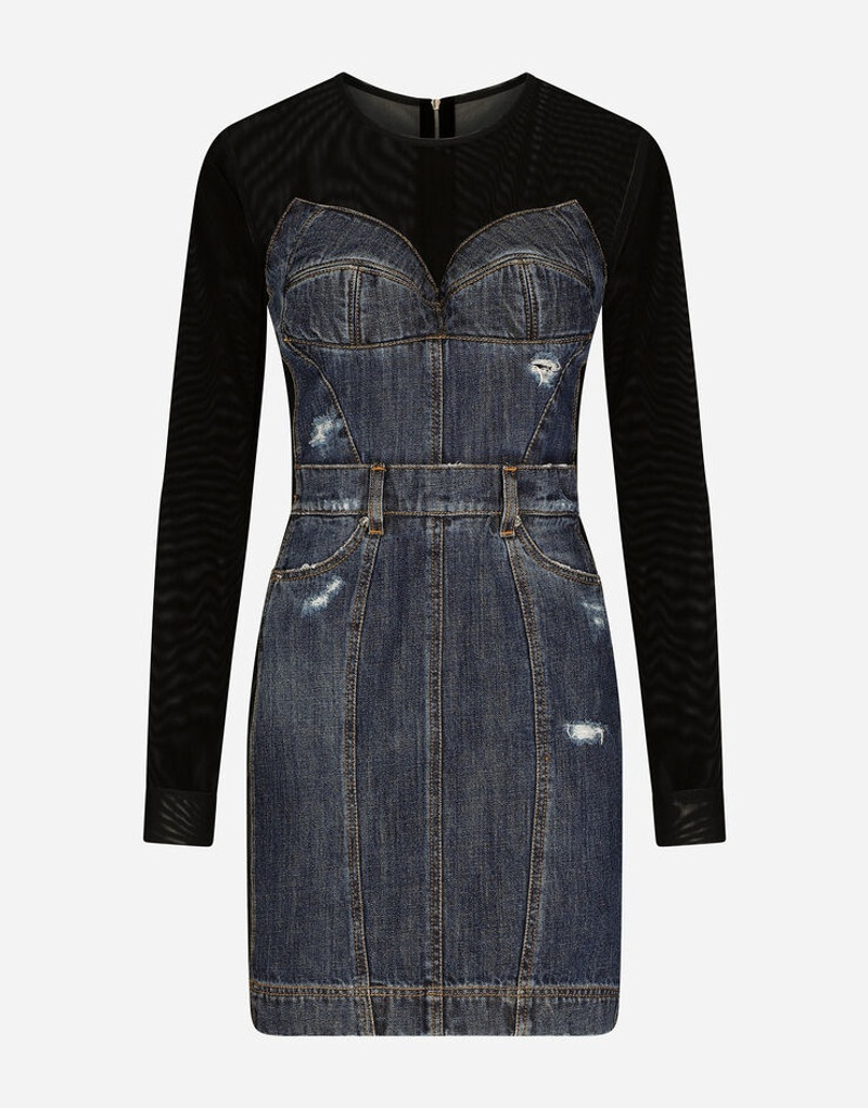 Short patchwork denim and tulle dress 1