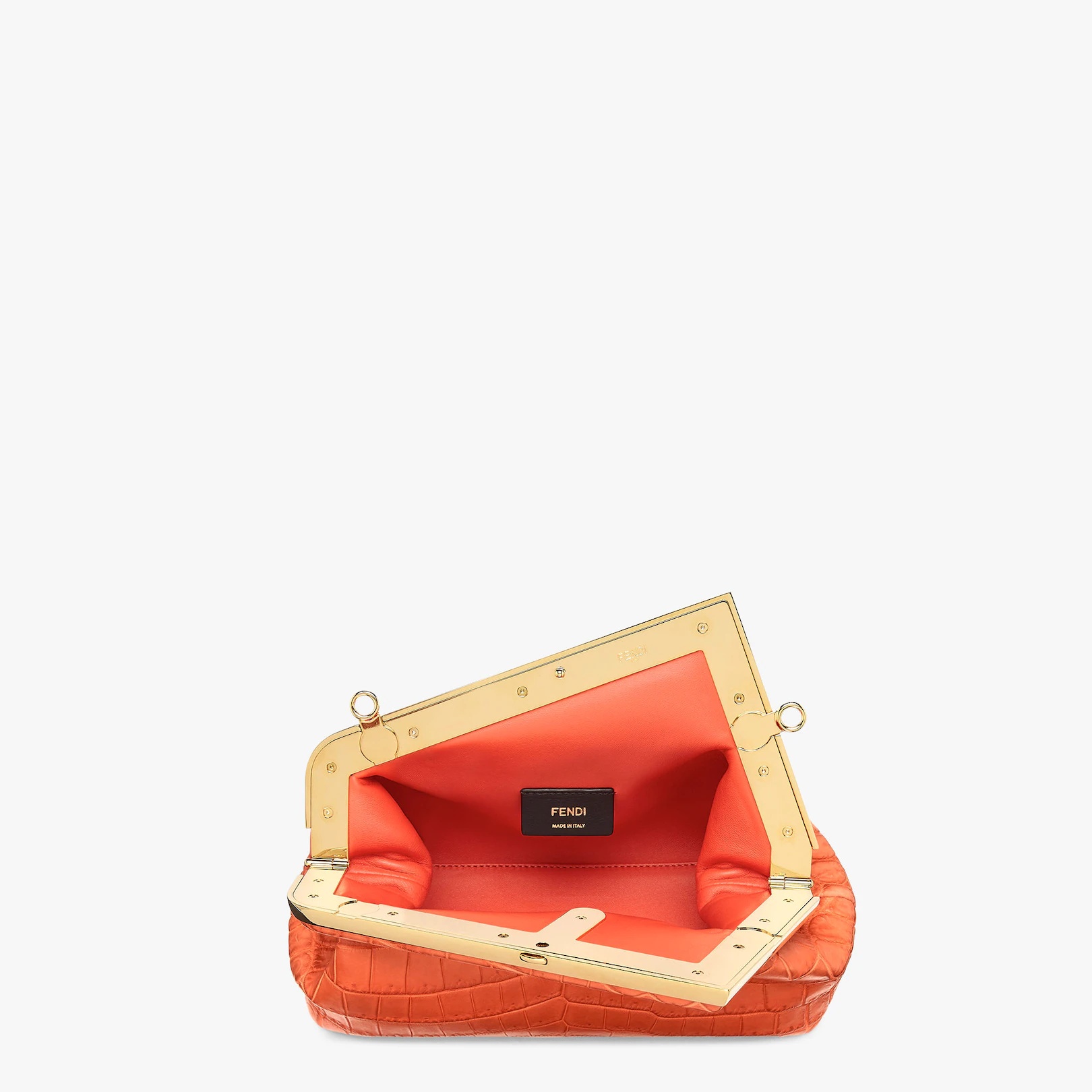 Small Fendi First bag in exquisite red crocodile leather with an oversized F metal clasp with tone o 4