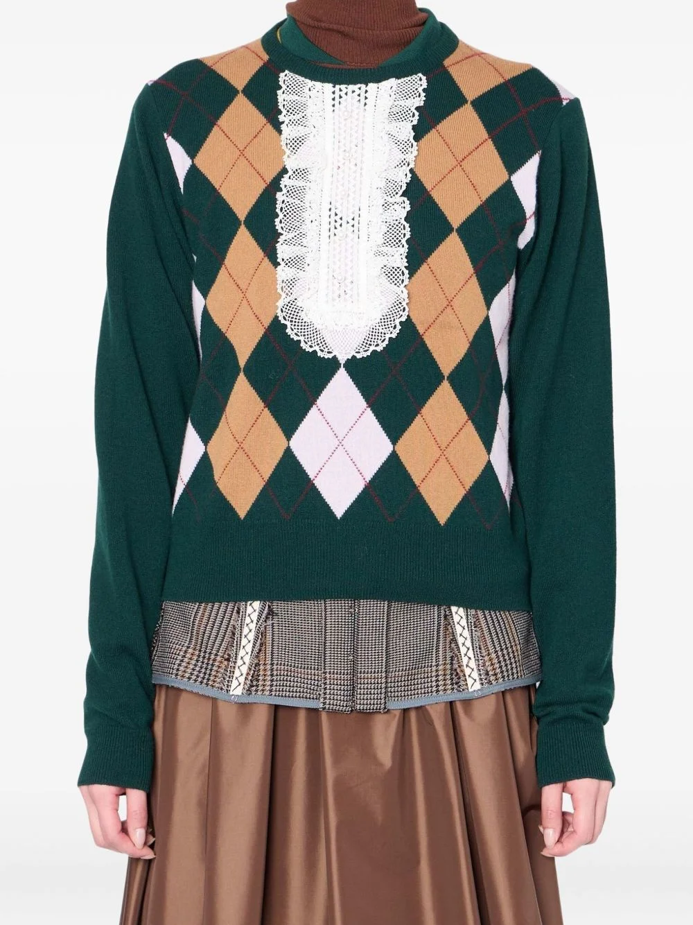 argyle-pattern lace-insert sweater - 1