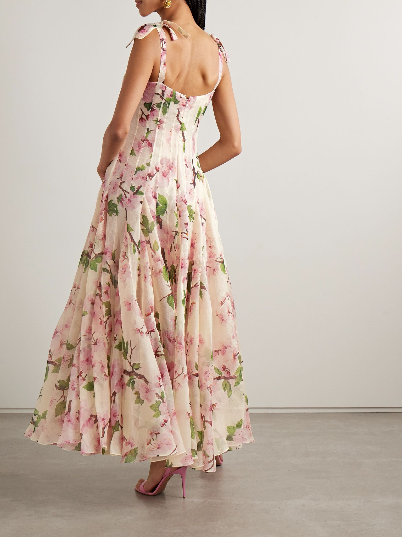 Pleated floral-print silk-blend organza gown Cream - 4
