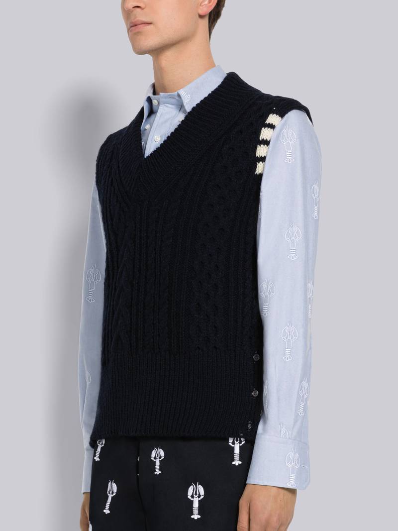 Thom Browne Donegal Cable 4-Bar V-Neck Vest outlook