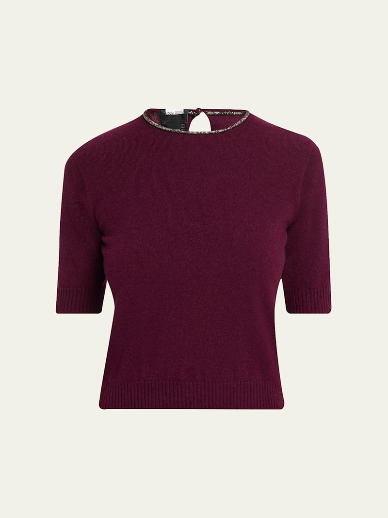 Embellished Short-Sleeve Cashmere Crewneck Sweater 1