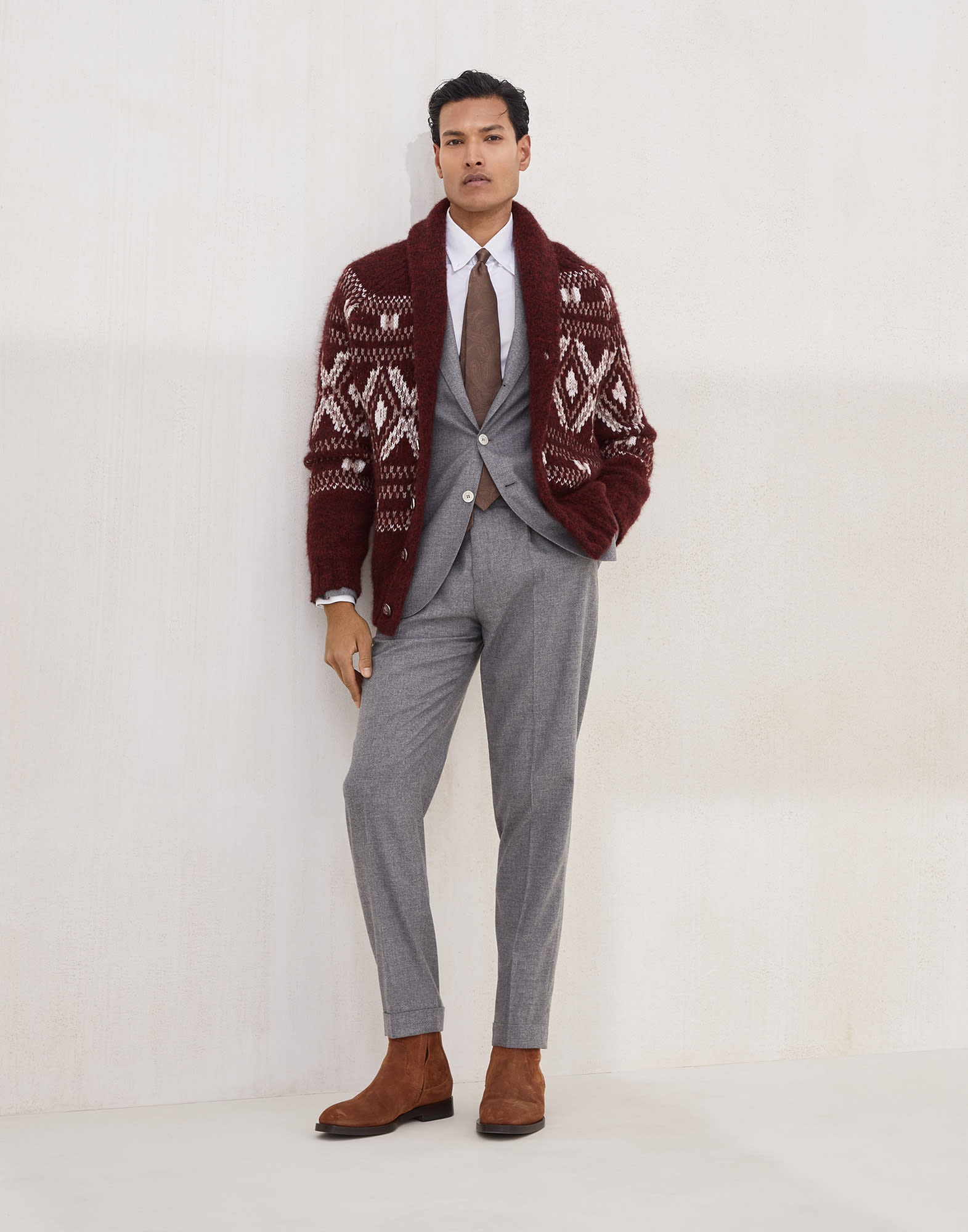 Alpaca, virgin wool and cashmere geometric jacquard cardigan with metal buttons - 5