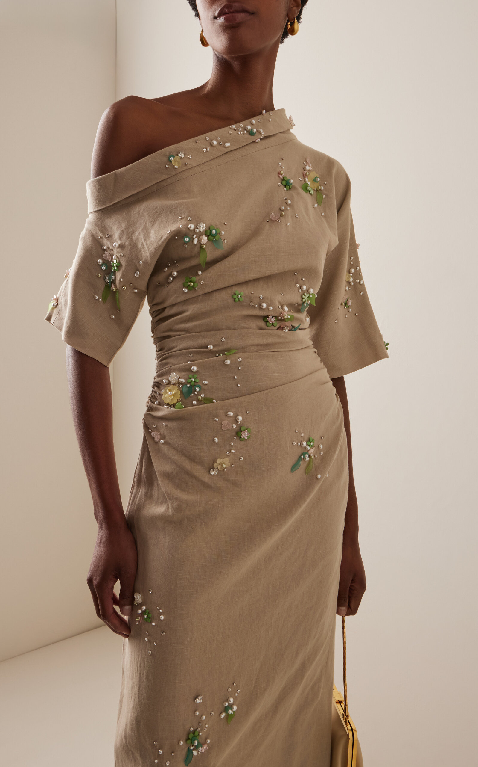Bowery Jewel-Embroidered Cotton-Linen Midi Dress neutral - 2