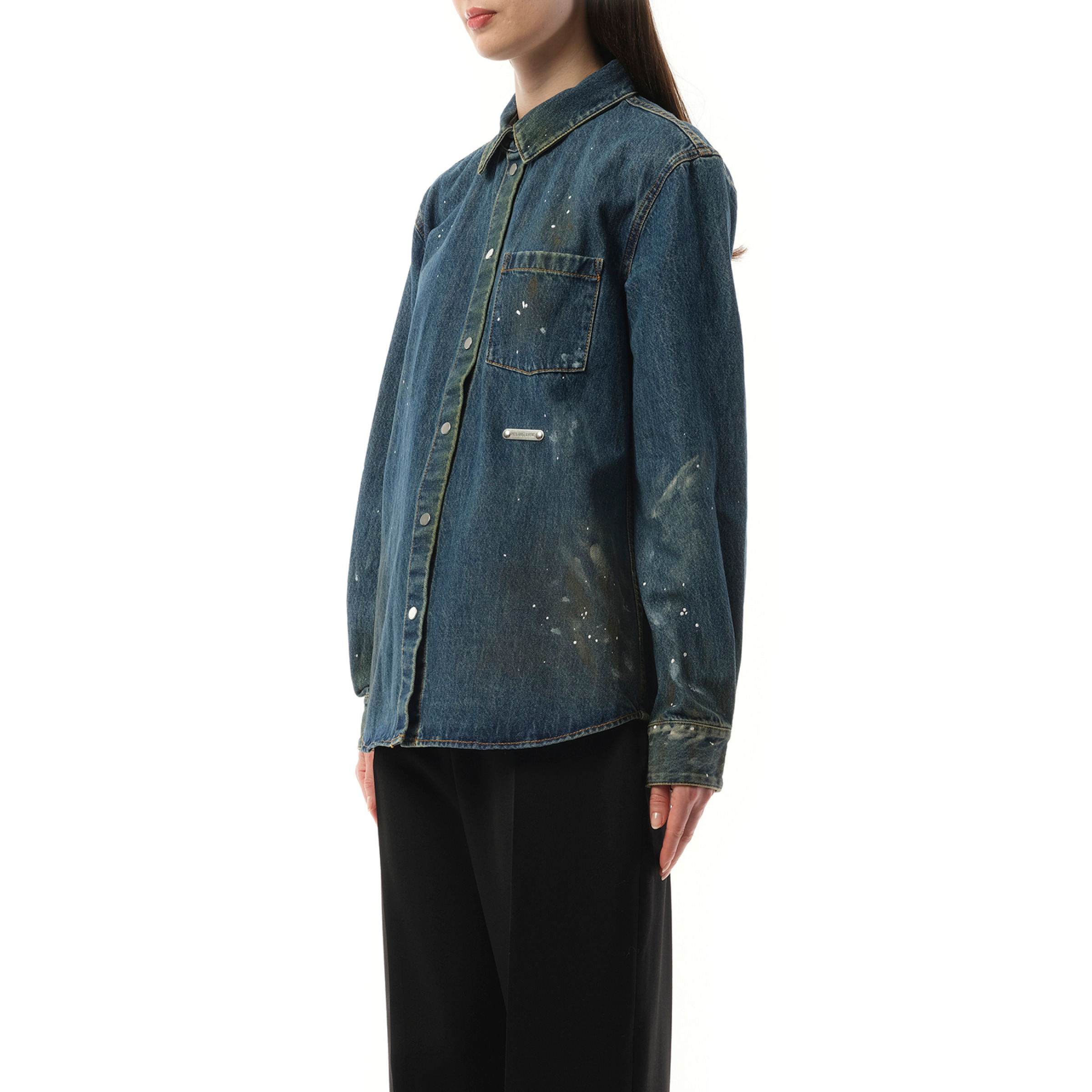 Women Painted Denim Shirt in Mid Indigo - 5